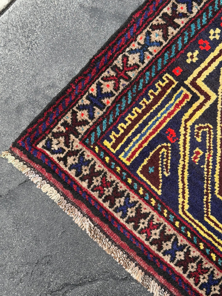 3x4 Handmade Vintage Afghan Baluch Rug | Midnight Navy Denim Aqua Blue Cornsilk Yellow Crimson Wine Blood Red Taupe Black Plum | Wool