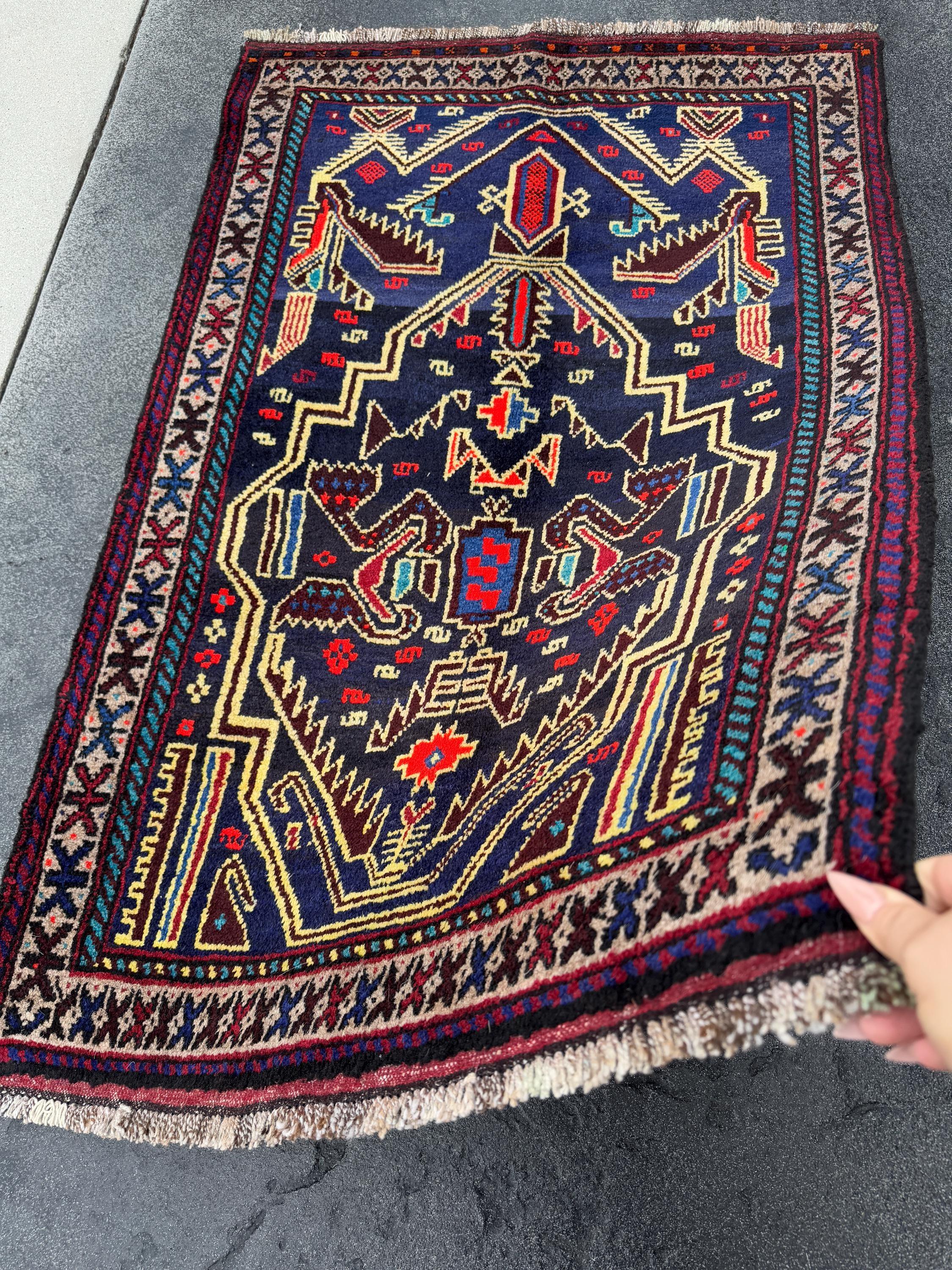 3x4 Handmade Vintage Afghan Baluch Rug | Midnight Navy Denim Aqua Blue Cornsilk Yellow Crimson Wine Blood Red Taupe Black Plum | Wool