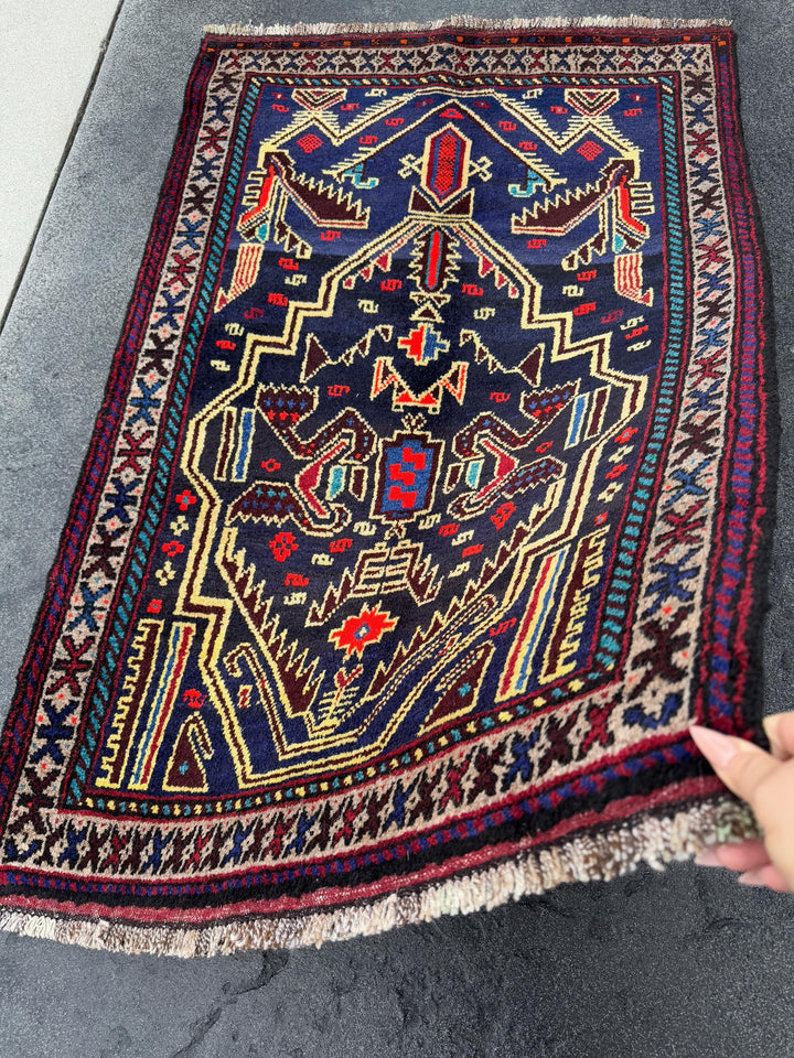 3x4 Handmade Vintage Afghan Baluch Rug | Midnight Navy Denim Aqua Blue Cornsilk Yellow Crimson Wine Blood Red Taupe Black Plum | Wool