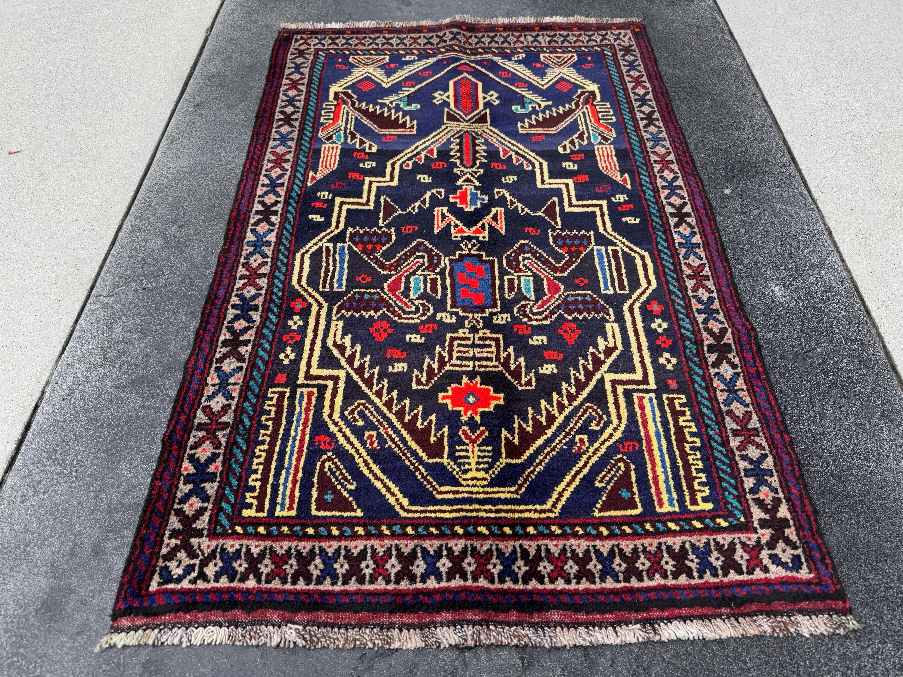 3x4 Handmade Vintage Afghan Baluch Rug | Midnight Navy Denim Aqua Blue Cornsilk Yellow Crimson Wine Blood Red Taupe Black Plum | Wool