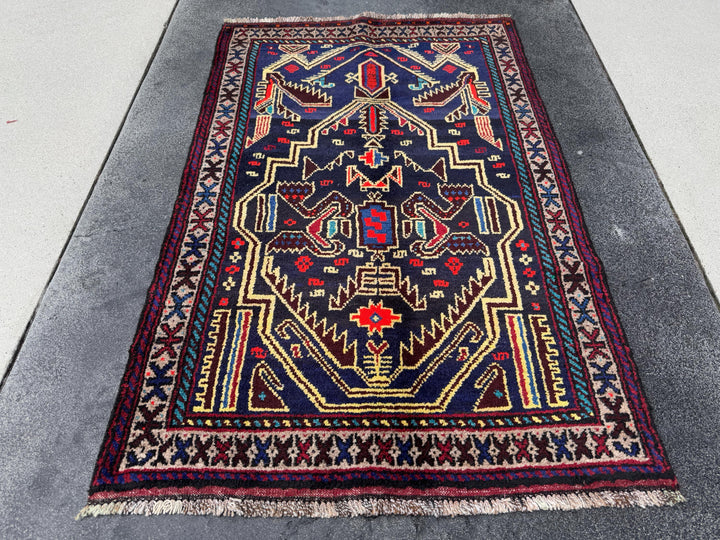 3x4 Handmade Vintage Afghan Baluch Rug | Midnight Navy Denim Aqua Blue Cornsilk Yellow Crimson Wine Blood Red Taupe Black Plum | Wool