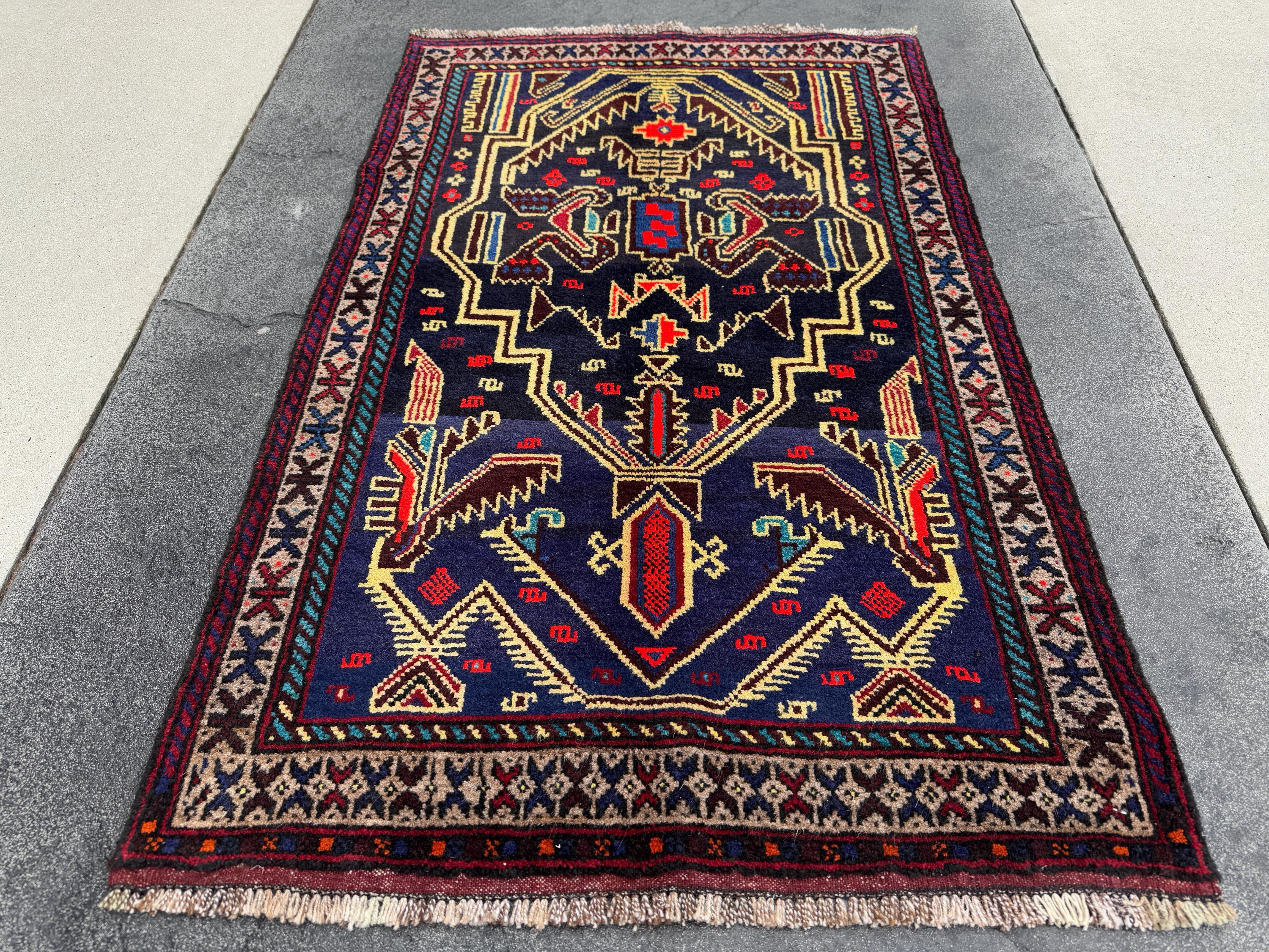 3x4 Handmade Vintage Afghan Baluch Rug | Midnight Navy Denim Aqua Blue Cornsilk Yellow Crimson Wine Blood Red Taupe Black Plum | Wool
