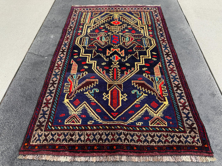 3x4 Handmade Vintage Afghan Baluch Rug | Midnight Navy Denim Aqua Blue Cornsilk Yellow Crimson Wine Blood Red Taupe Black Plum | Wool