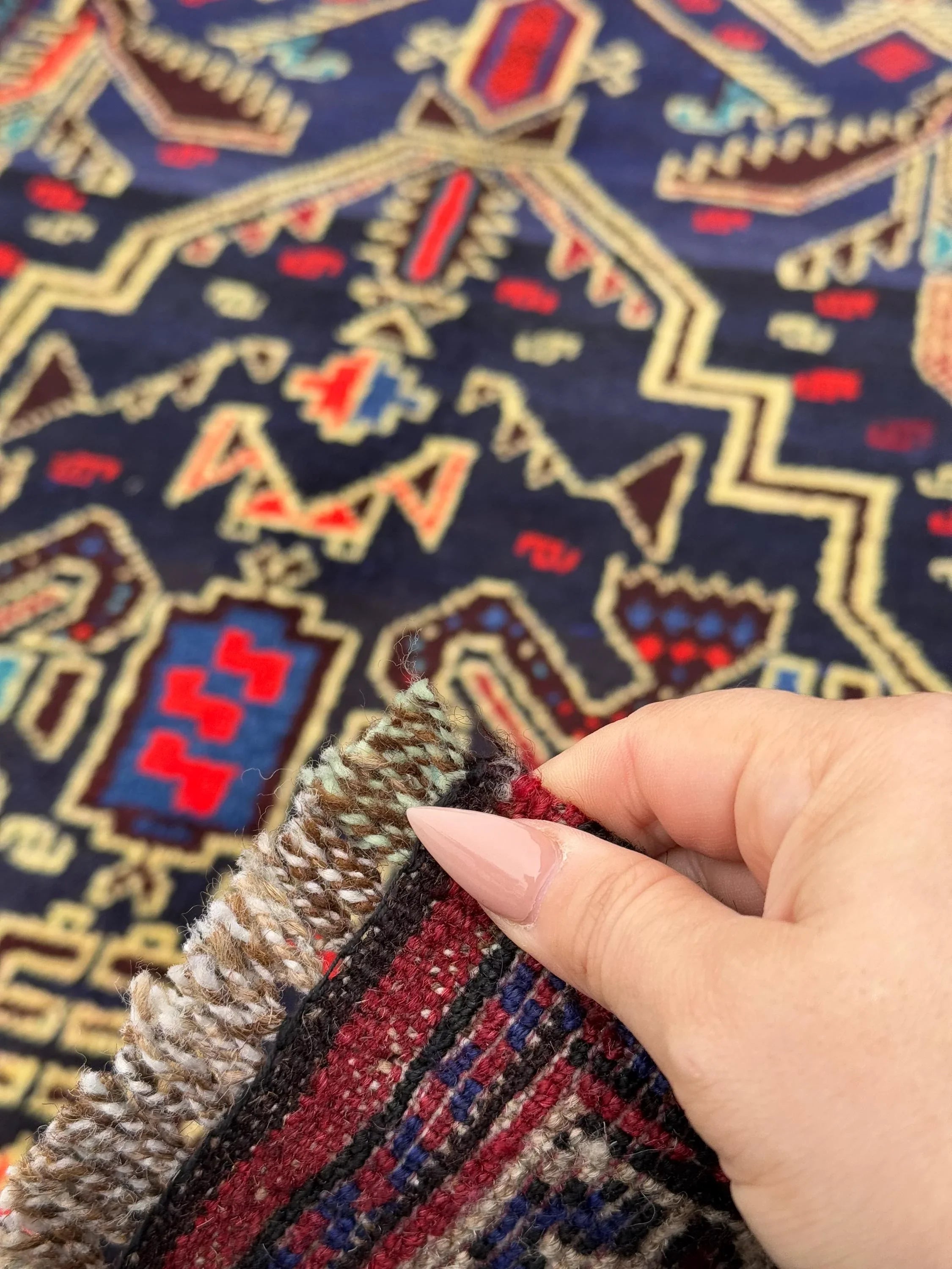 3x4 Handmade Vintage Afghan Baluch Rug | Midnight Navy Denim Aqua Blue Cornsilk Yellow Crimson Wine Blood Red Taupe Black Plum | Wool