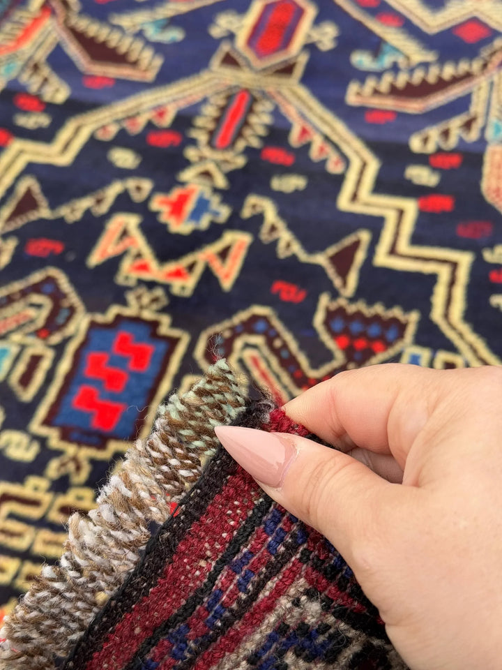3x4 Handmade Vintage Afghan Baluch Rug | Midnight Navy Denim Aqua Blue Cornsilk Yellow Crimson Wine Blood Red Taupe Black Plum | Wool