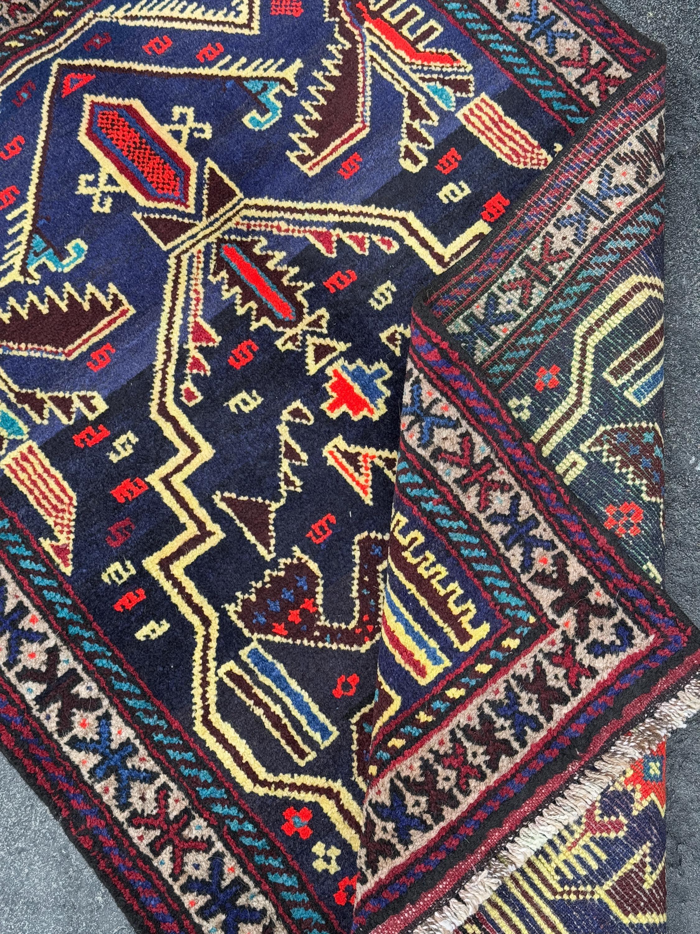 3x4 Handmade Vintage Afghan Baluch Rug | Midnight Navy Denim Aqua Blue Cornsilk Yellow Crimson Wine Blood Red Taupe Black Plum | Wool