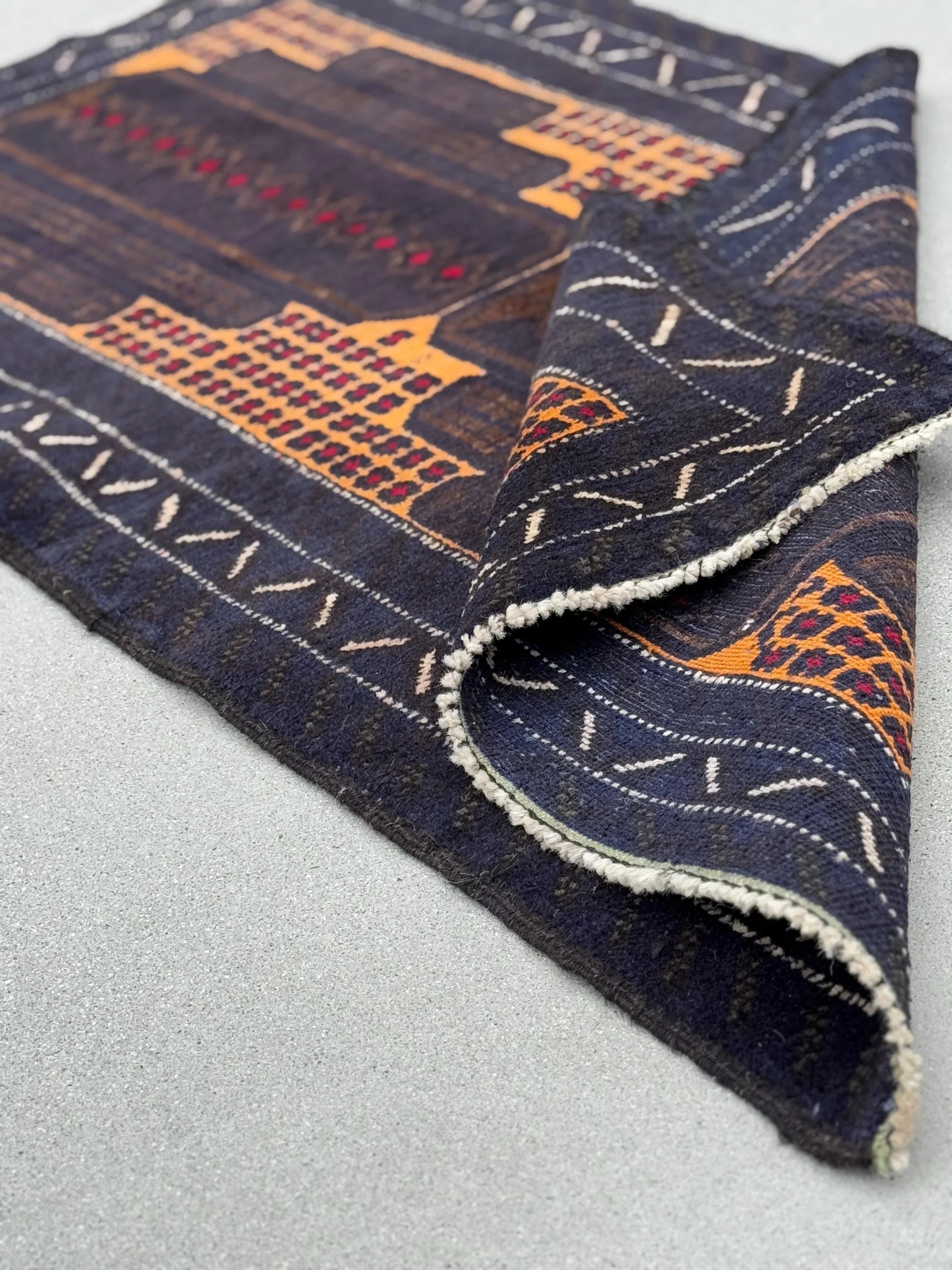 3x5 (91x152) Handmade Vintage Afghan Baluch Rug | Midnight Navy Blue Gold Mustard Yellow Coffee Beige Brown Cream Crimson Red | Wool