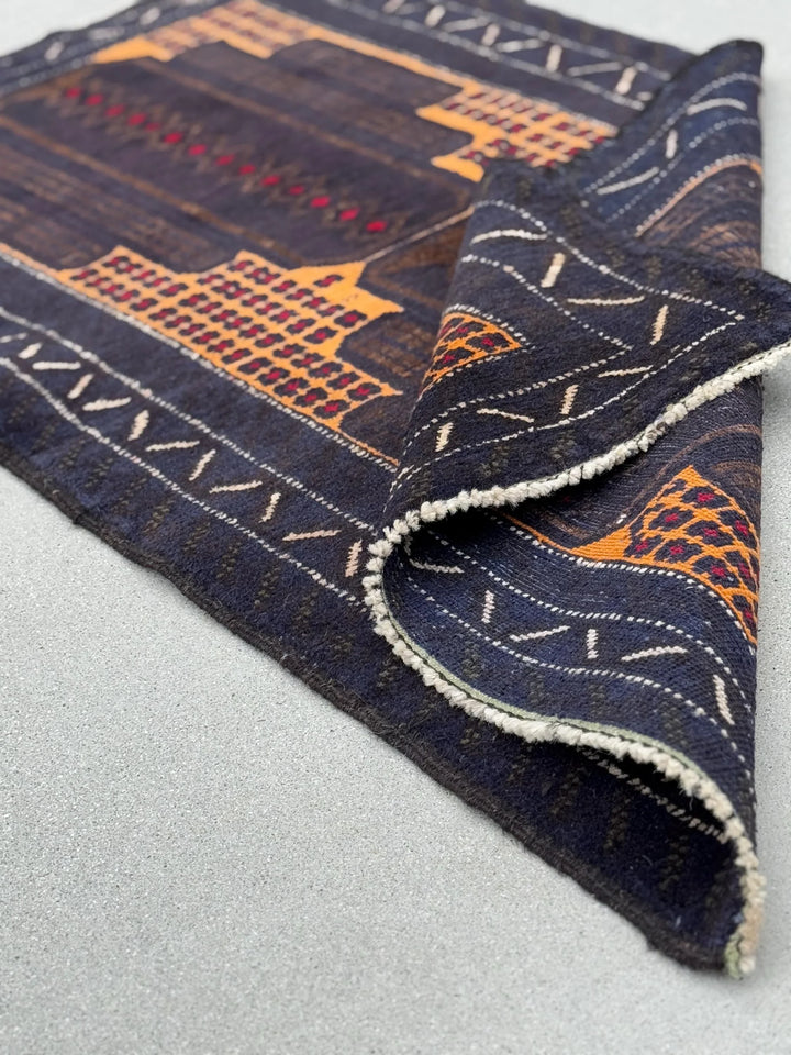 3x5 (91x152) Handmade Vintage Afghan Baluch Rug | Midnight Navy Blue Gold Mustard Yellow Coffee Beige Brown Cream Crimson Red | Wool
