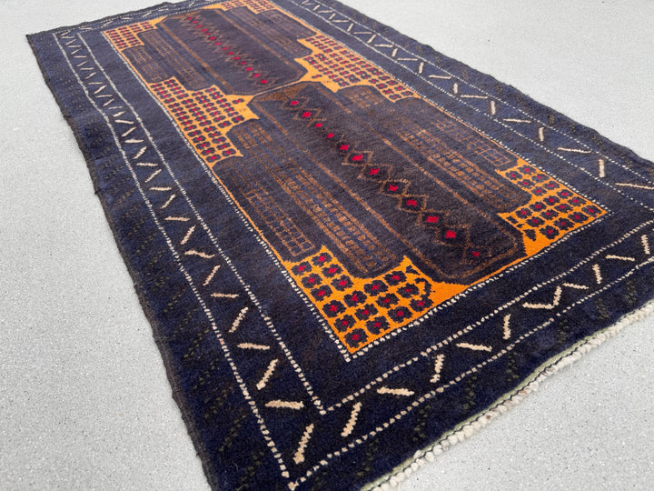3x5 (91x152) Handmade Vintage Afghan Baluch Rug | Midnight Navy Blue Gold Mustard Yellow Coffee Beige Brown Cream Crimson Red | Wool