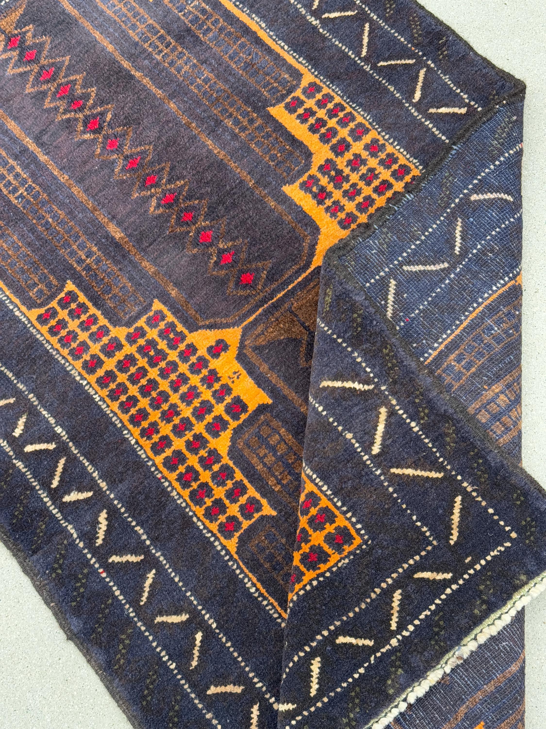 3x5 (91x152) Handmade Vintage Afghan Baluch Rug | Midnight Navy Blue Gold Mustard Yellow Coffee Beige Brown Cream Crimson Red | Wool