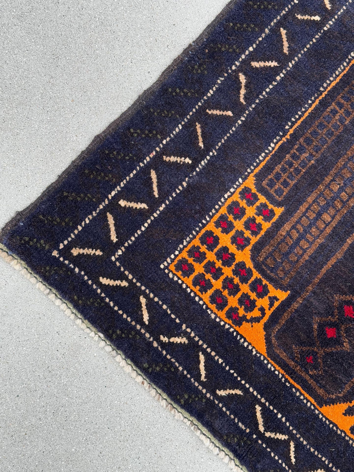 3x5 (91x152) Handmade Vintage Afghan Baluch Rug | Midnight Navy Blue Gold Mustard Yellow Coffee Beige Brown Cream Crimson Red | Wool