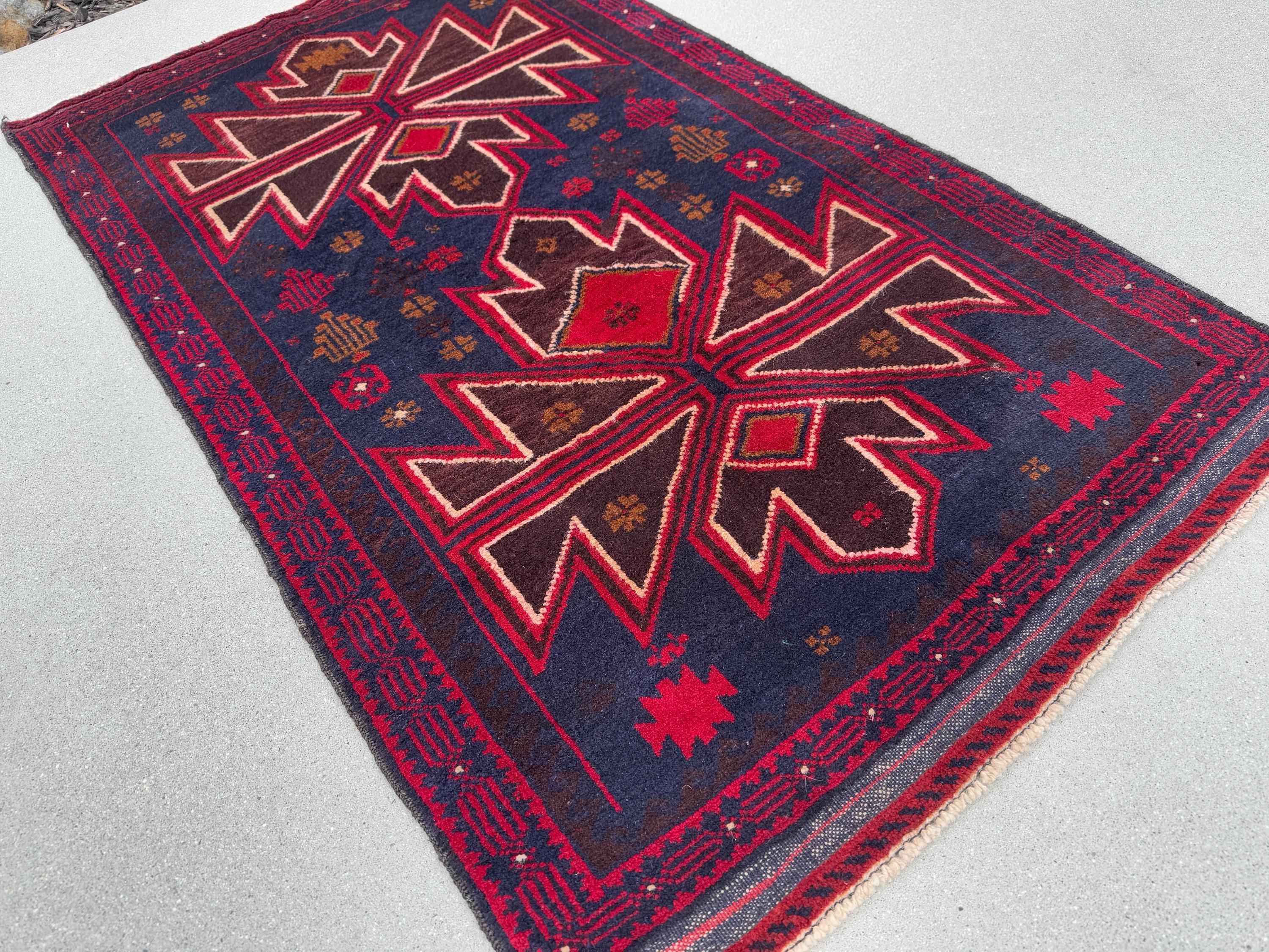 3x5 (91x152) Handmade Vintage Afghan Baluch Rug | Crimson Cherry Blood Burgundy Wine Red Midnight Blue Caramel Brown White Cream | Wool