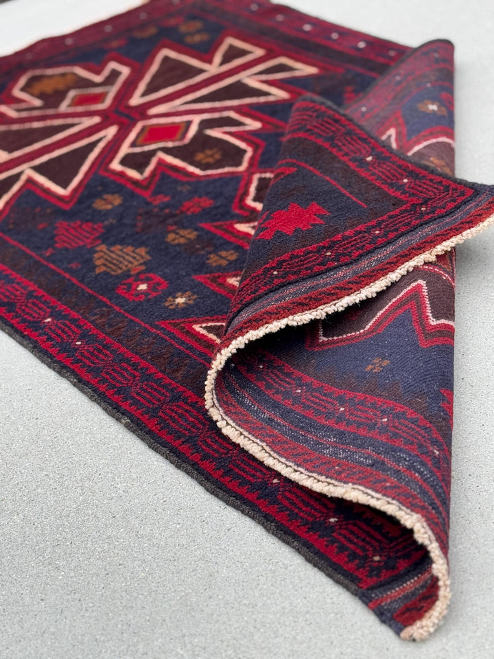 3x5 (91x152) Handmade Vintage Afghan Baluch Rug | Crimson Cherry Blood Burgundy Wine Red Midnight Blue Caramel Brown White Cream | Wool