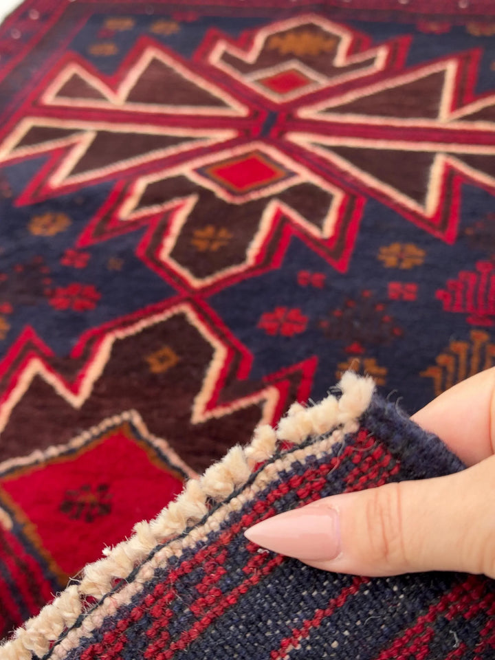 3x5 (91x152) Handmade Vintage Afghan Baluch Rug | Crimson Cherry Blood Burgundy Wine Red Midnight Blue Caramel Brown White Cream | Wool