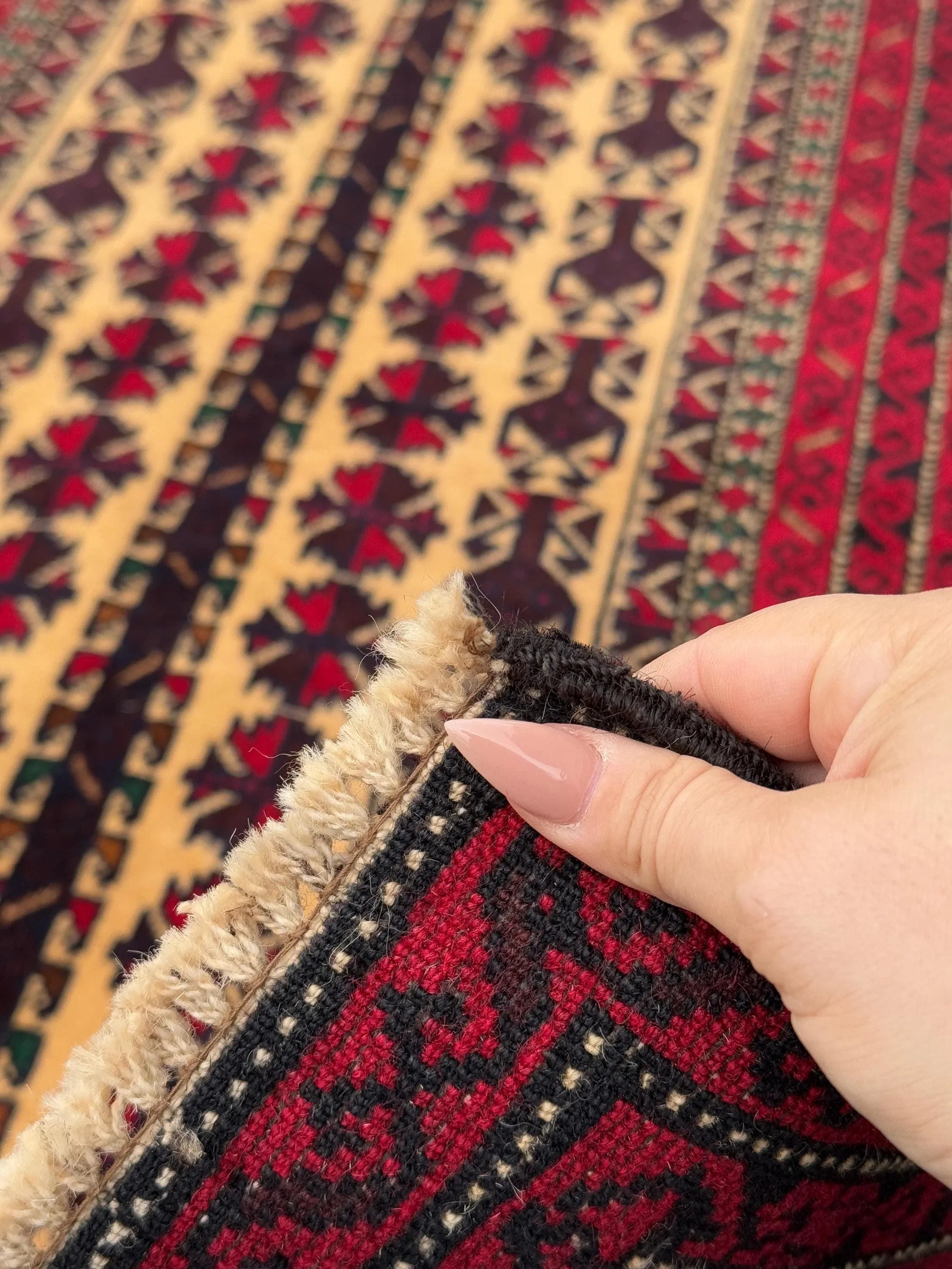 3x4-5 (91x152) Handmade Vintage Afghan Baluch Rug | Crimson Burgundy Wine Red Cream Sand Brown Forest Green Gold | Wool Traditional Persian