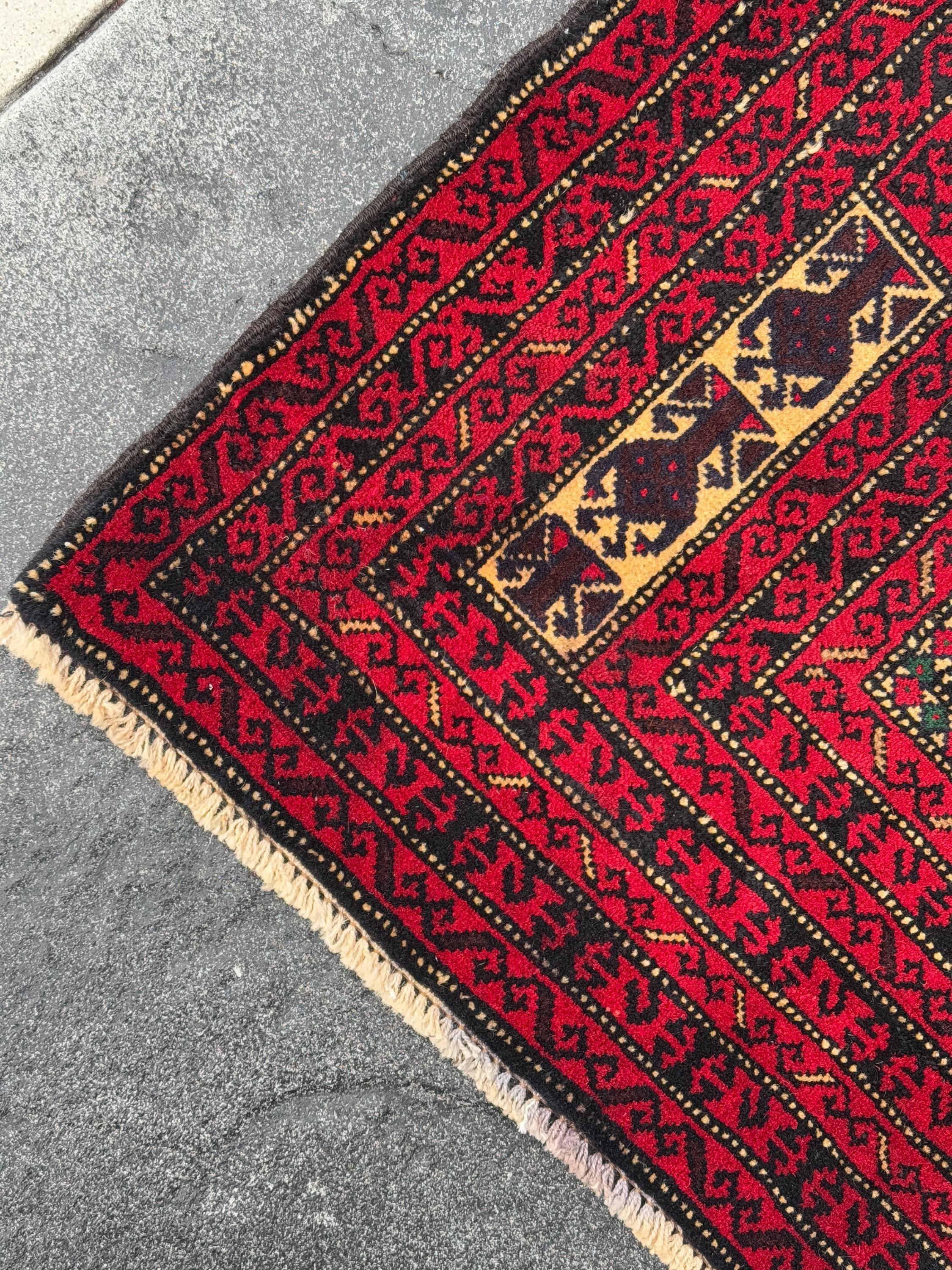 3x4-5 (91x152) Handmade Vintage Afghan Baluch Rug | Crimson Burgundy Wine Red Cream Sand Brown Forest Green Gold | Wool Traditional Persian