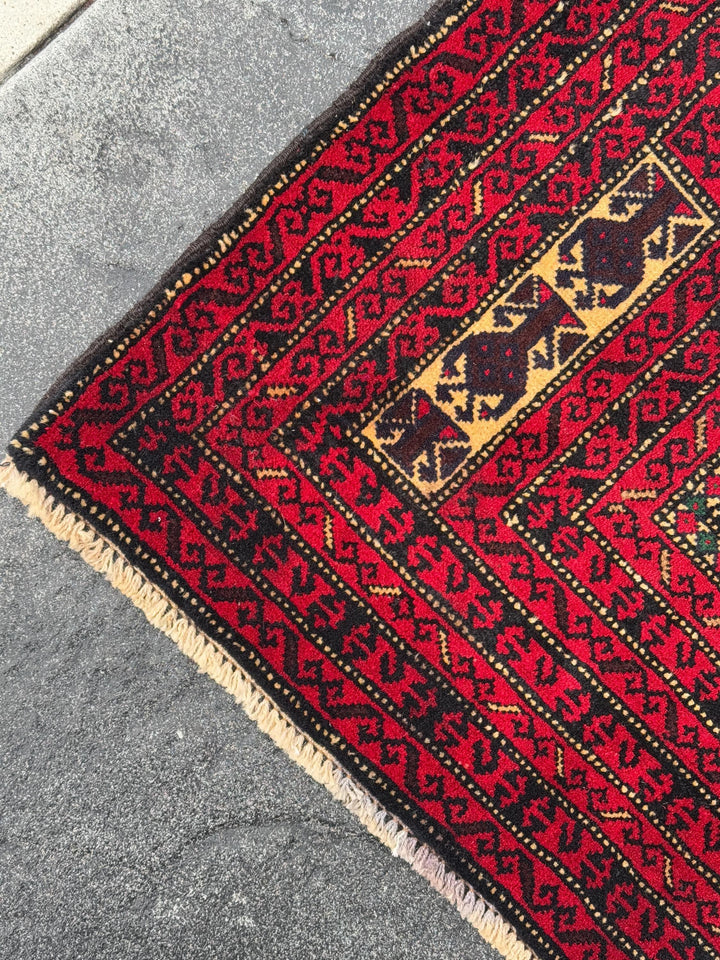 3x4-5 (91x152) Handmade Vintage Afghan Baluch Rug | Crimson Burgundy Wine Red Cream Sand Brown Forest Green Gold | Wool Traditional Persian
