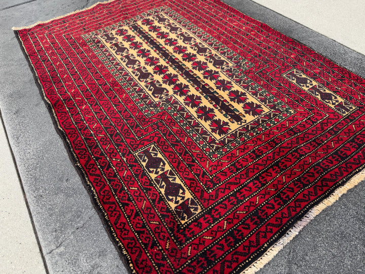 3x4-5 (91x152) Handmade Vintage Afghan Baluch Rug | Crimson Burgundy Wine Red Cream Sand Brown Forest Green Gold | Wool Traditional Persian