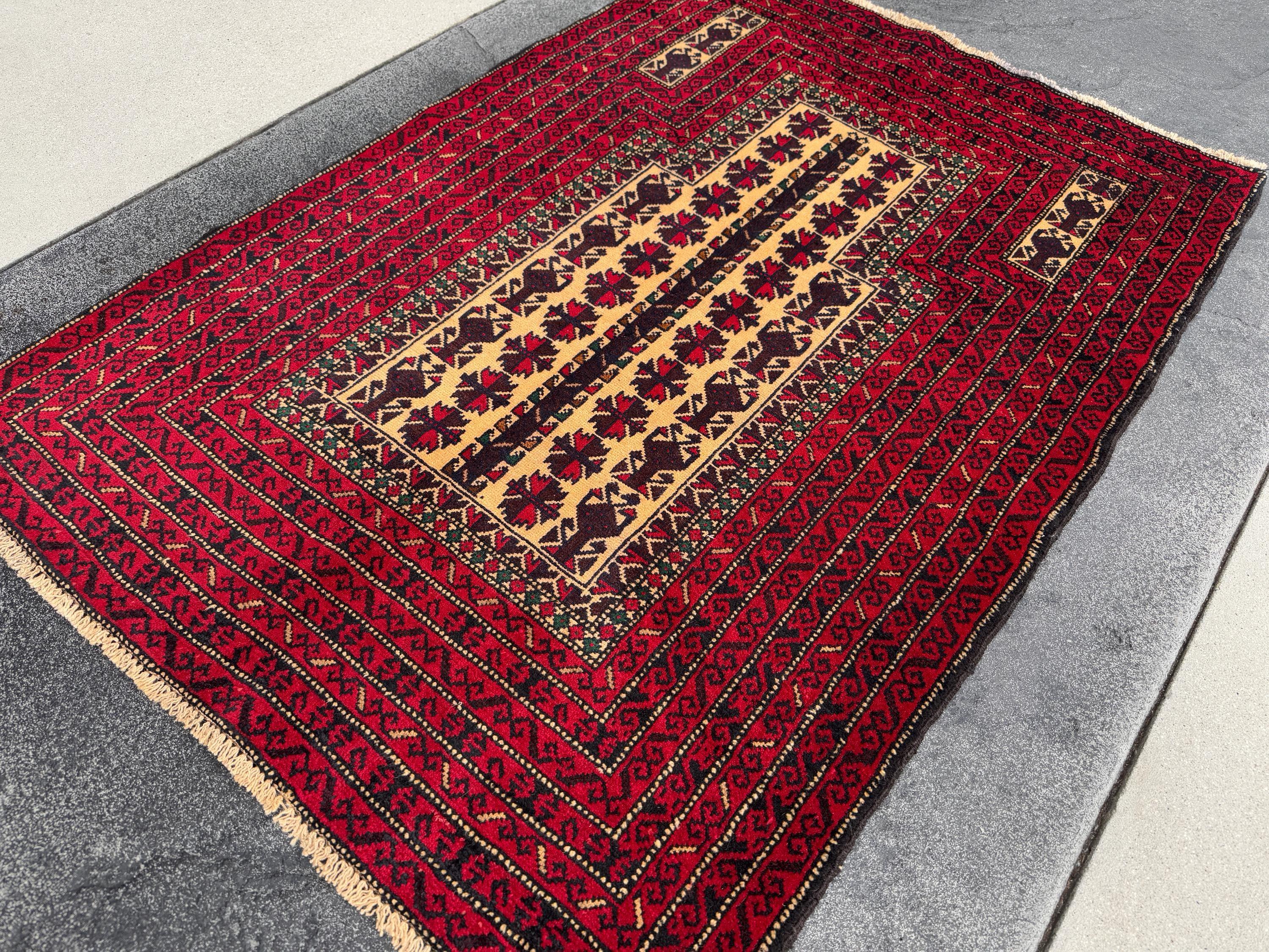 3x4-5 (91x152) Handmade Vintage Afghan Baluch Rug | Crimson Burgundy Wine Red Cream Sand Brown Forest Green Gold | Wool Traditional Persian