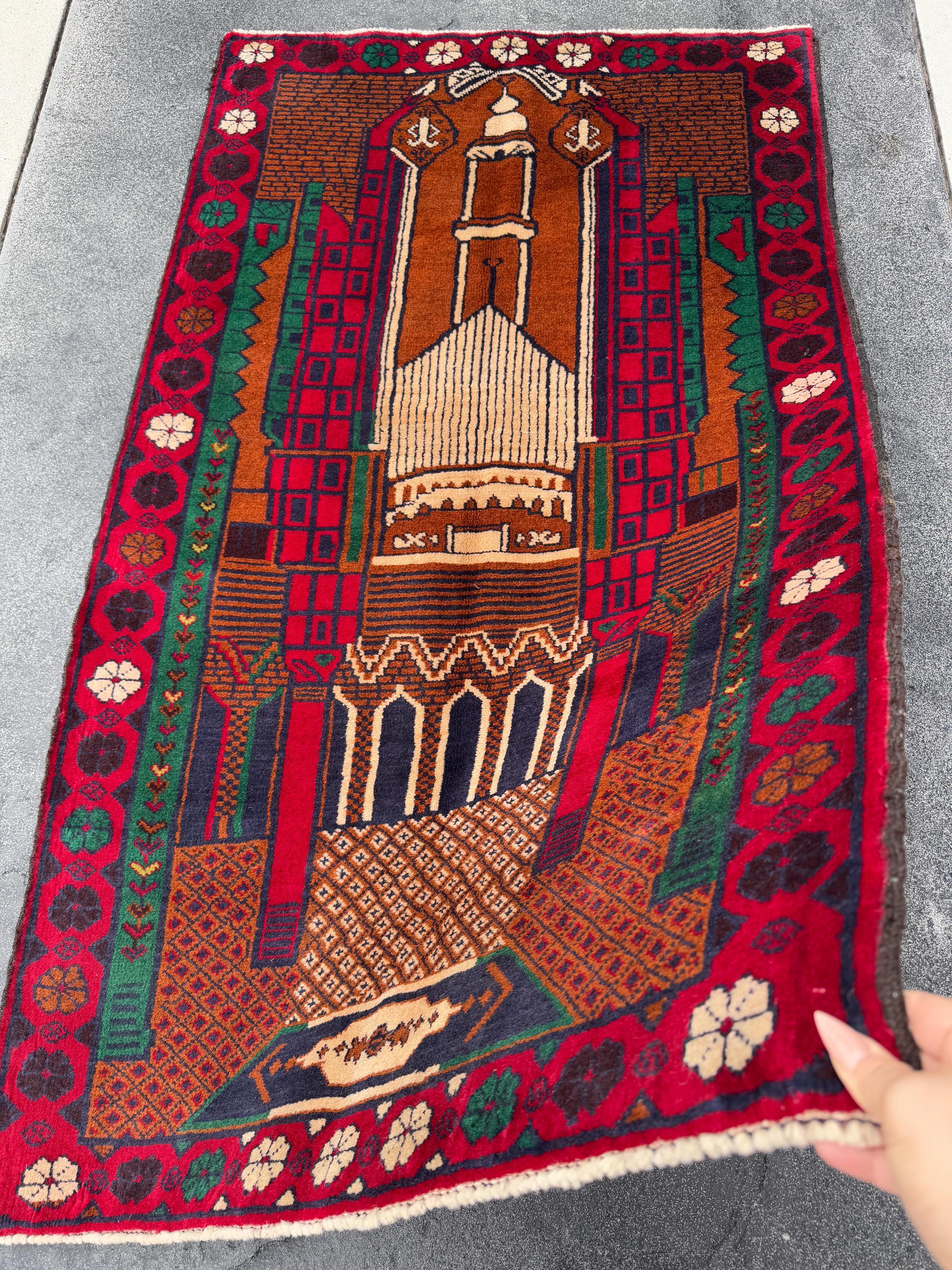 3x5 (91x152) Handmade Vintage Afghan Baluch Rug | Crimson Blood Red Midnight Blue Caramel Brown Rust Orange Cream Forest Green | Wool