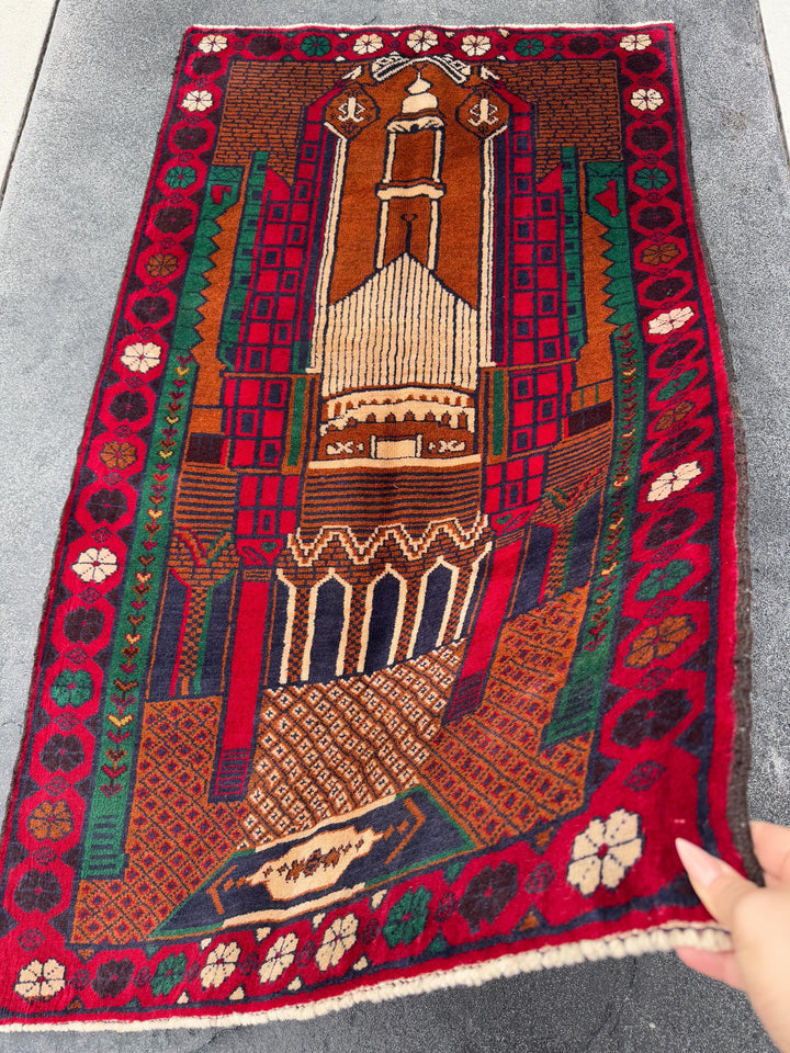 3x5 (91x152) Handmade Vintage Afghan Baluch Rug | Crimson Blood Red Midnight Blue Caramel Brown Rust Orange Cream Forest Green | Wool