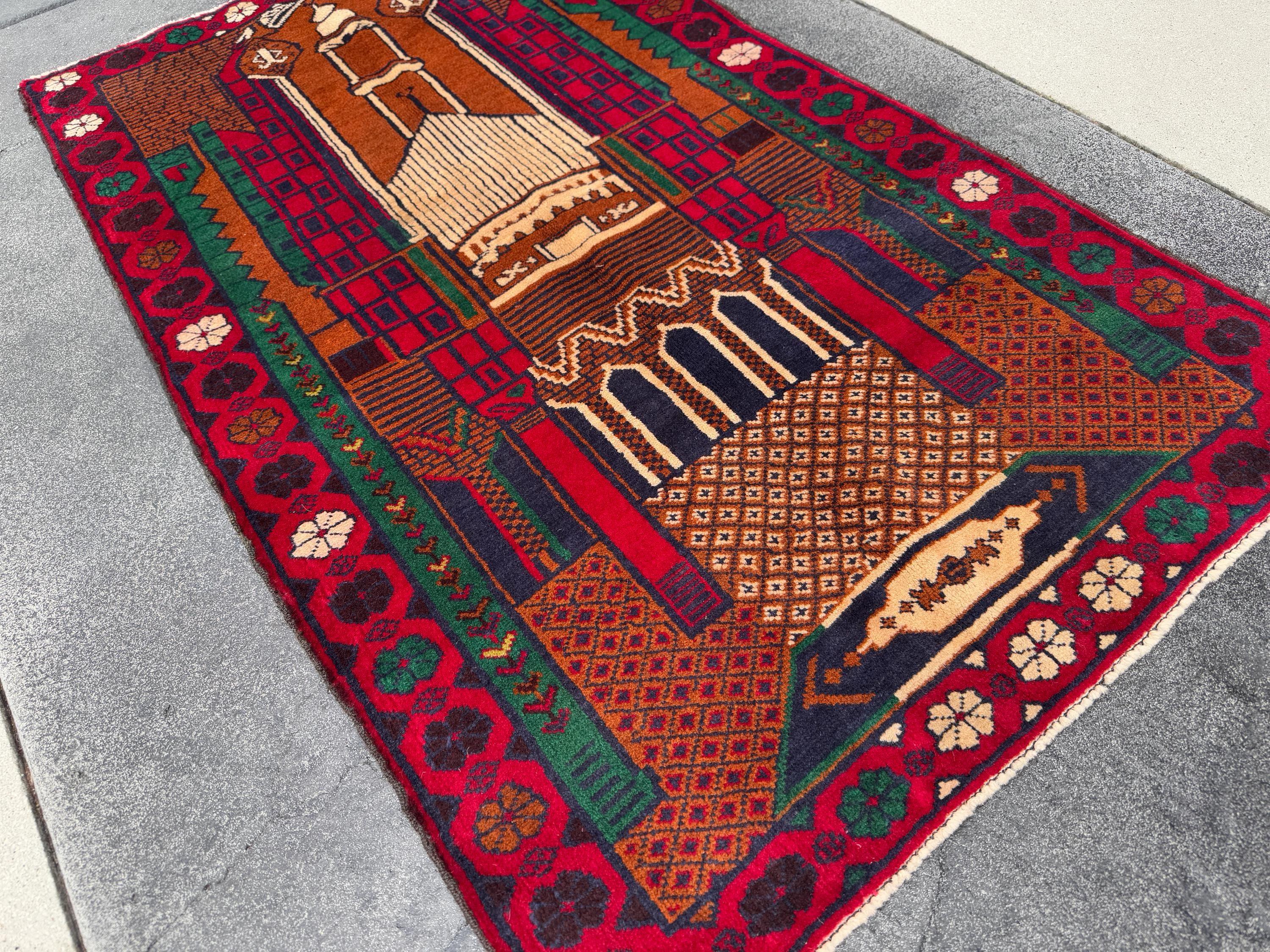 3x5 (91x152) Handmade Vintage Afghan Baluch Rug | Crimson Blood Red Midnight Blue Caramel Brown Rust Orange Cream Forest Green | Wool
