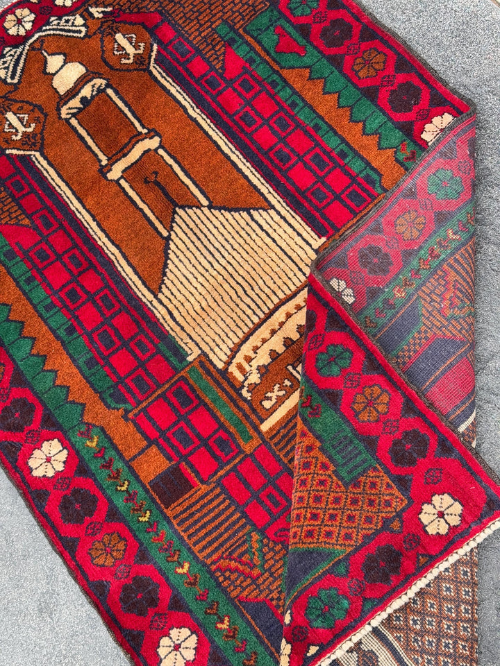 3x5 (91x152) Handmade Vintage Afghan Baluch Rug | Crimson Blood Red Midnight Blue Caramel Brown Rust Orange Cream Forest Green | Wool