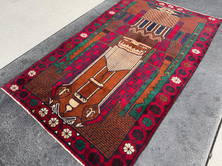 3x5 (91x152) Handmade Vintage Afghan Baluch Rug | Crimson Blood Red Midnight Blue Caramel Brown Rust Orange Cream Forest Green | Wool