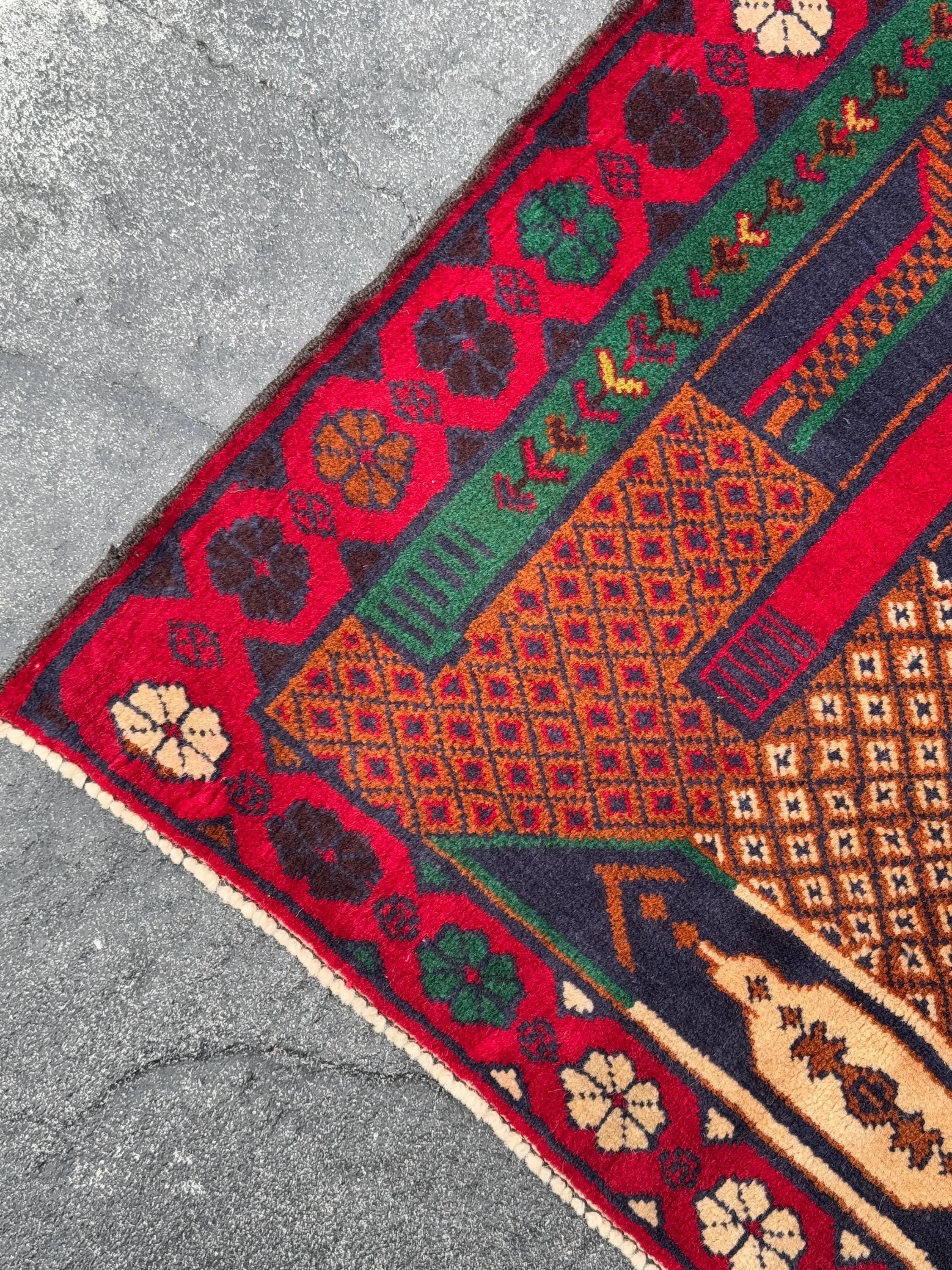 3x5 (91x152) Handmade Vintage Afghan Baluch Rug | Crimson Blood Red Midnight Blue Caramel Brown Rust Orange Cream Forest Green | Wool