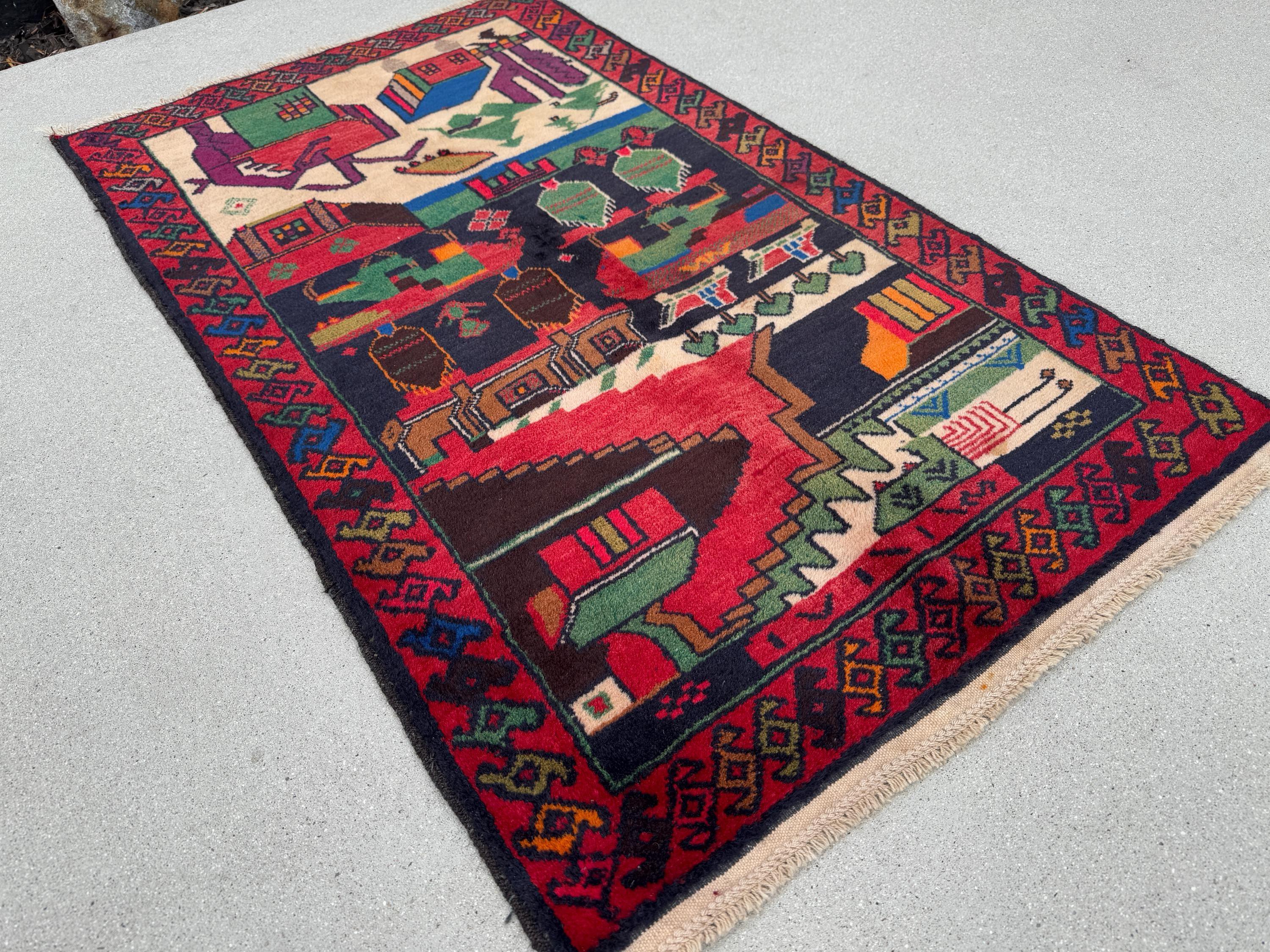 3x5 Handmade Vintage Afghan Baluch Rug Cherry Garnet Brick Red Cream Sand Caramel Chocolate Brown Orange Pine Sage Green Purple Royal Blue