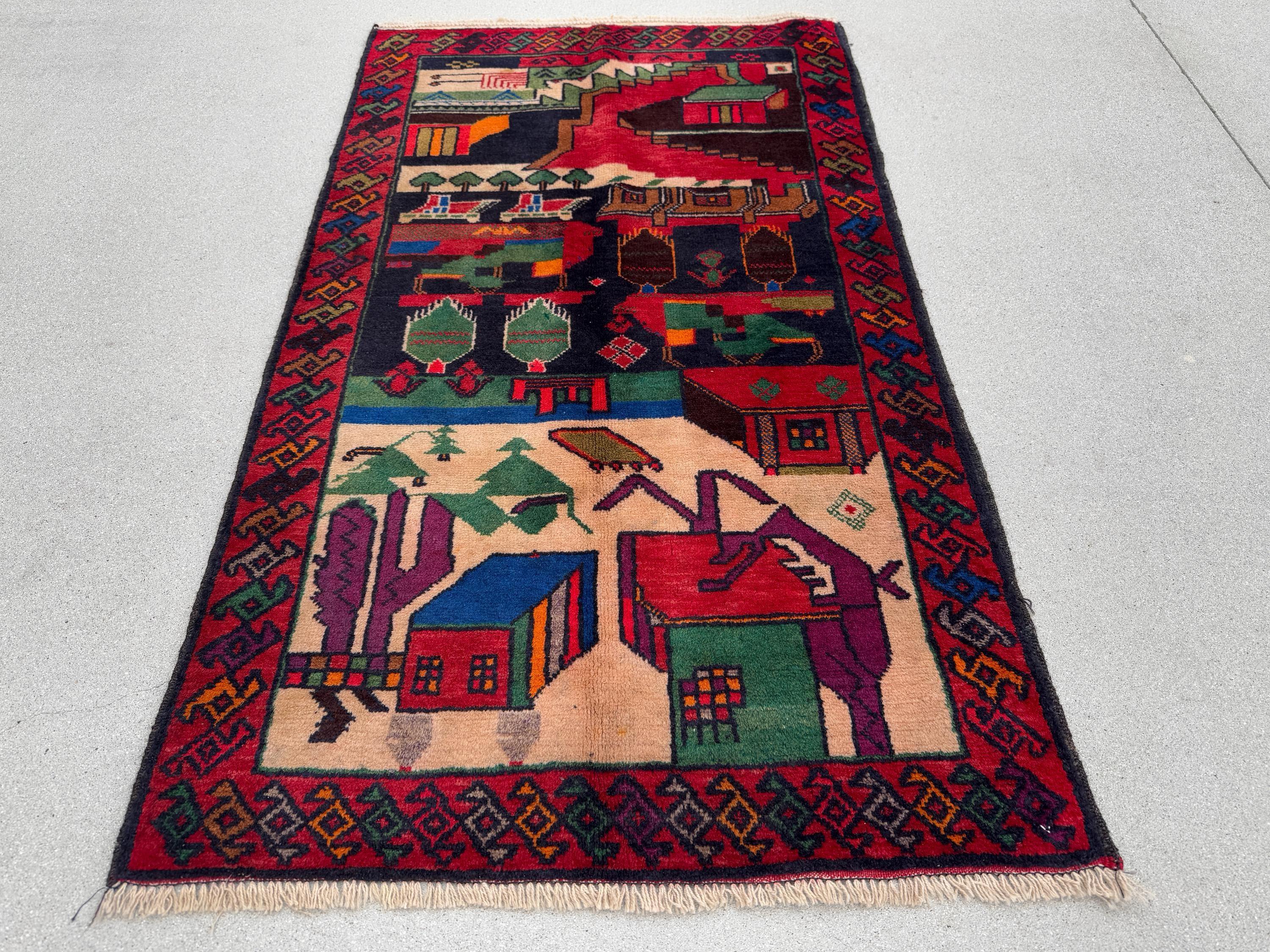 3x5 Handmade Vintage Afghan Baluch Rug Cherry Garnet Brick Red Cream Sand Caramel Chocolate Brown Orange Pine Sage Green Purple Royal Blue
