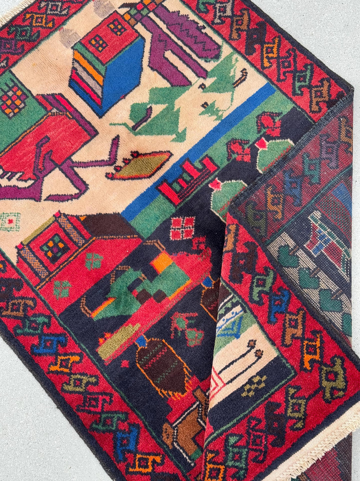 3x5 Handmade Vintage Afghan Baluch Rug Cherry Garnet Brick Red Cream Sand Caramel Chocolate Brown Orange Pine Sage Green Purple Royal Blue