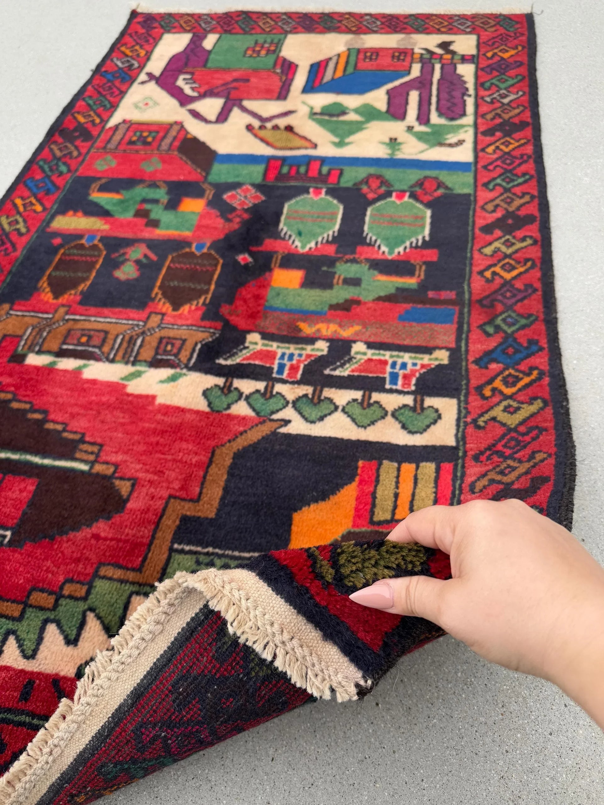 3x5 Handmade Vintage Afghan Baluch Rug Cherry Garnet Brick Red Cream Sand Caramel Chocolate Brown Orange Pine Sage Green Purple Royal Blue