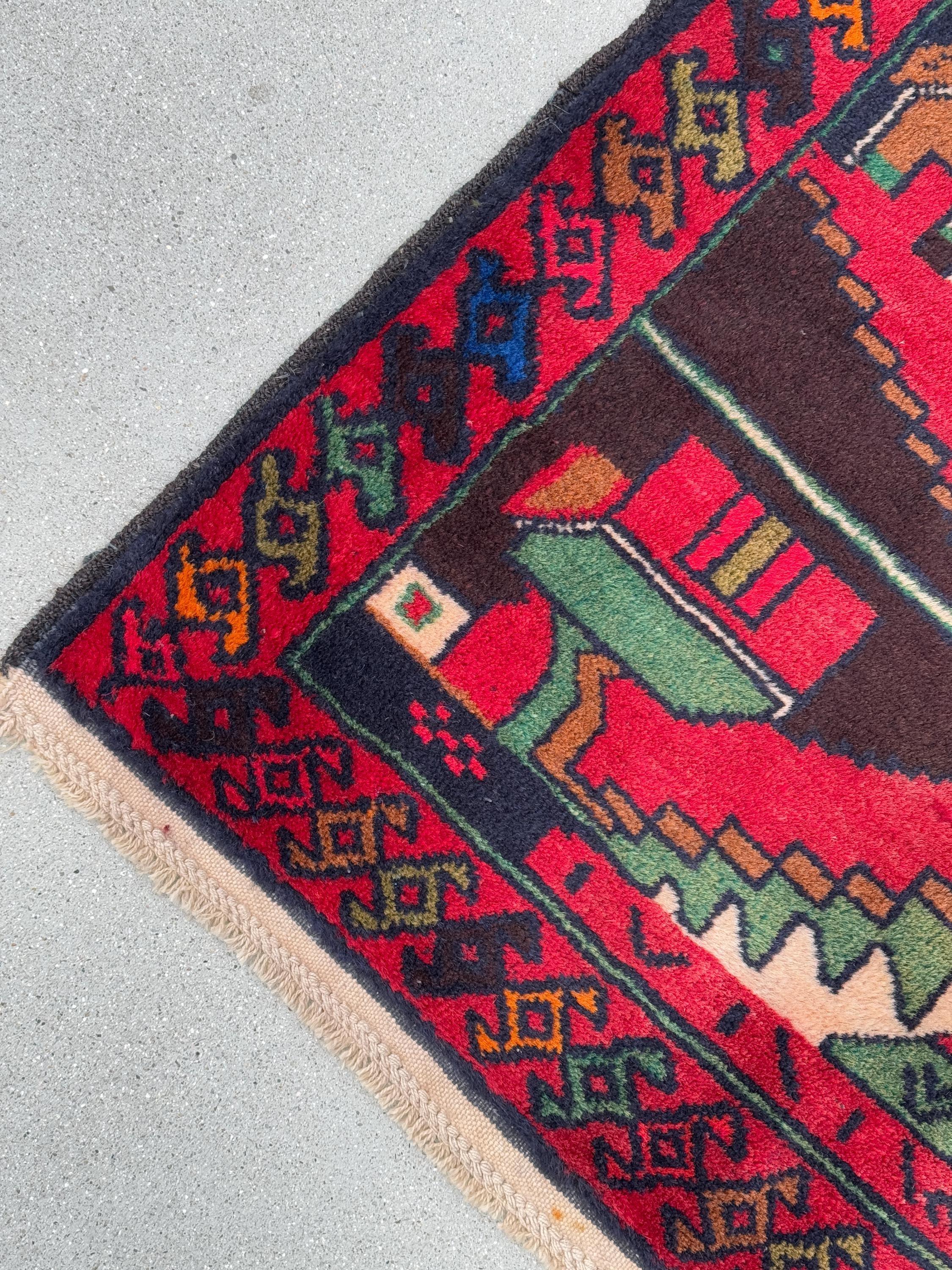 3x5 Handmade Vintage Afghan Baluch Rug Cherry Garnet Brick Red Cream Sand Caramel Chocolate Brown Orange Pine Sage Green Purple Royal Blue