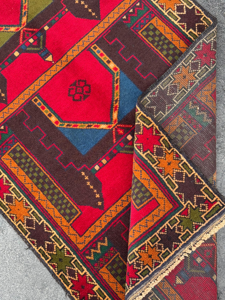 3x5 (91x152) Handmade Vintage Afghan Baluch Rug | Crimson Scarlet Red Rust Orange Moss Olive Forest Green Plum Denim Blue Cream Sand Brown