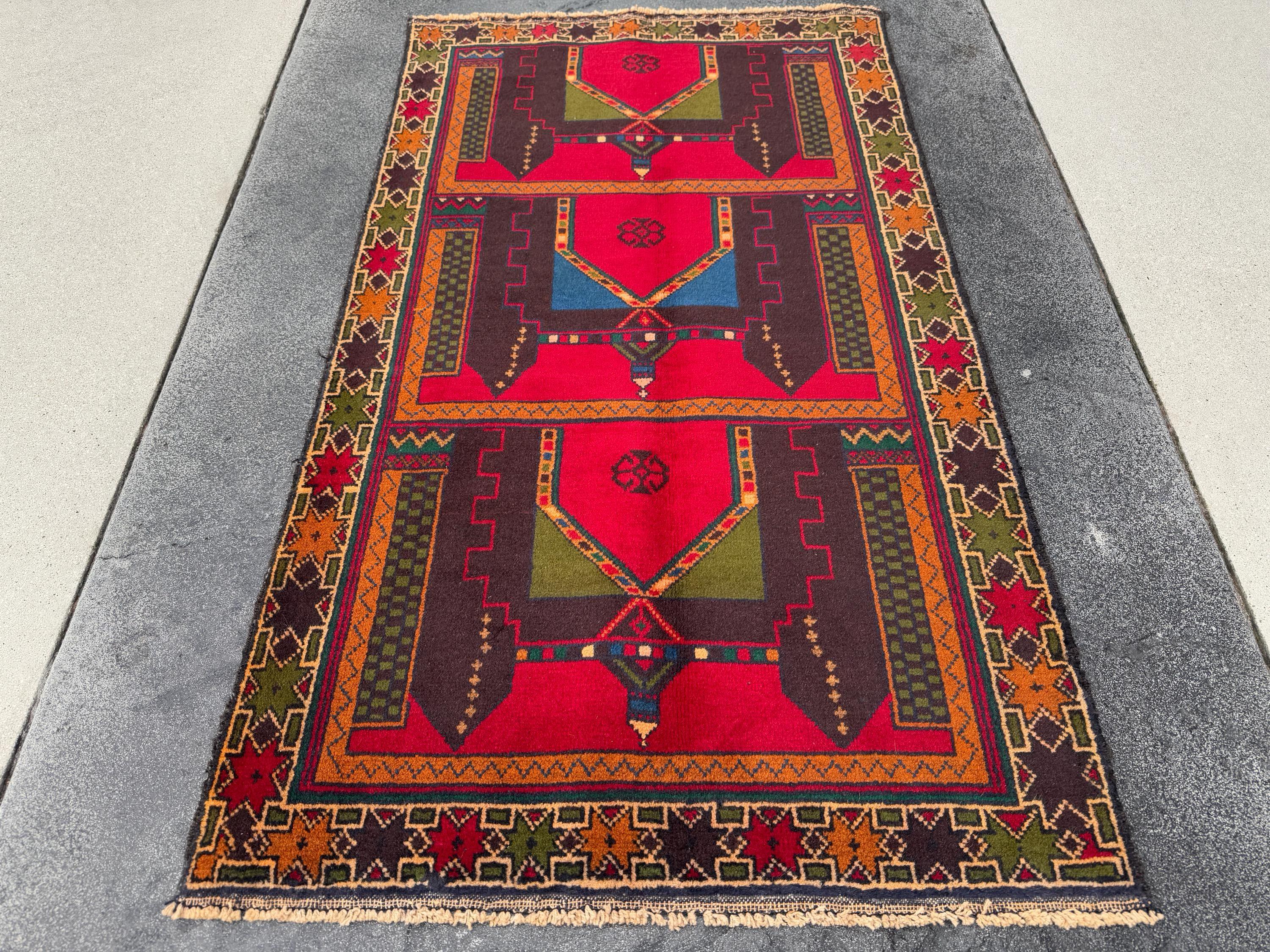 3x5 (91x152) Handmade Vintage Afghan Baluch Rug | Crimson Scarlet Red Rust Orange Moss Olive Forest Green Plum Denim Blue Cream Sand Brown