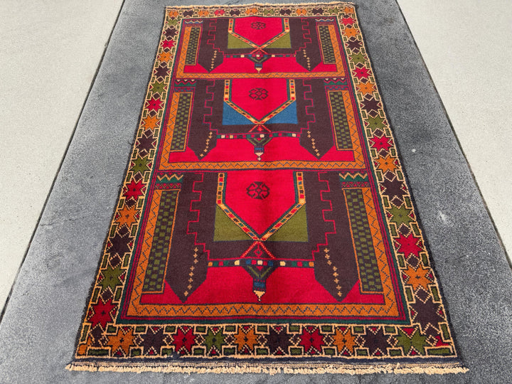 3x5 (91x152) Handmade Vintage Afghan Baluch Rug | Crimson Scarlet Red Rust Orange Moss Olive Forest Green Plum Denim Blue Cream Sand Brown