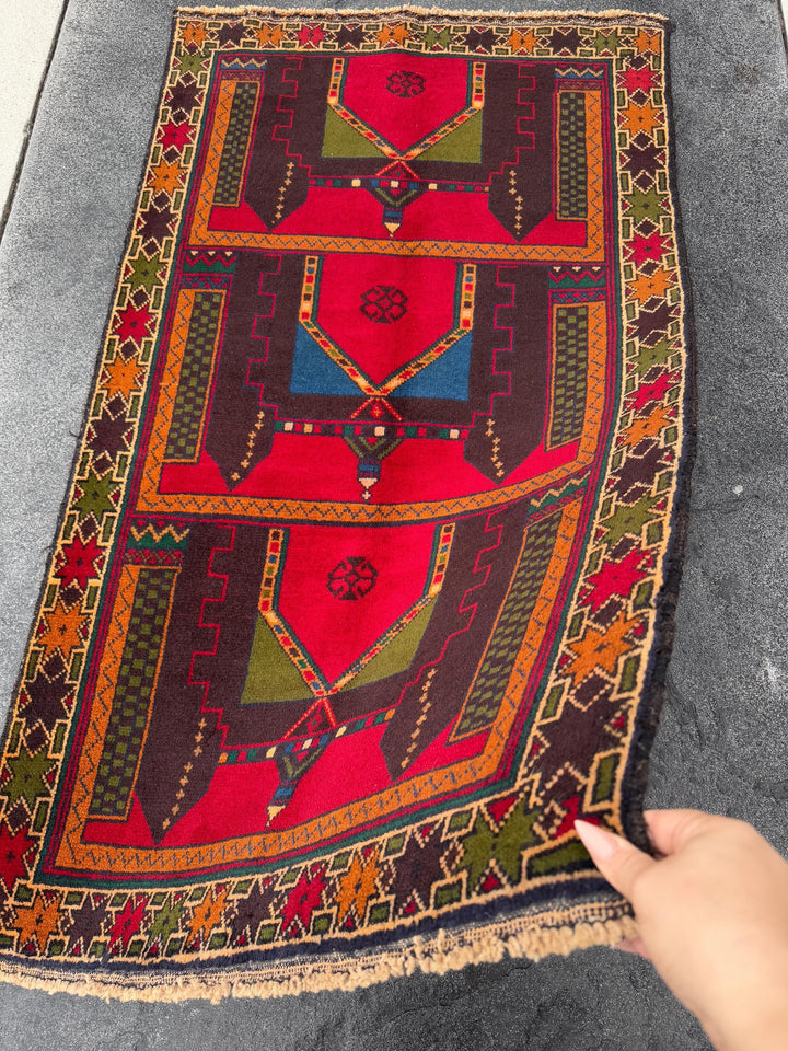 3x5 (91x152) Handmade Vintage Afghan Baluch Rug | Crimson Scarlet Red Rust Orange Moss Olive Forest Green Plum Denim Blue Cream Sand Brown