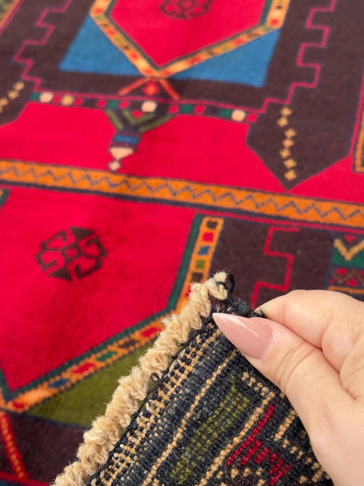 3x5 (91x152) Handmade Vintage Afghan Baluch Rug | Crimson Scarlet Red Rust Orange Moss Olive Forest Green Plum Denim Blue Cream Sand Brown