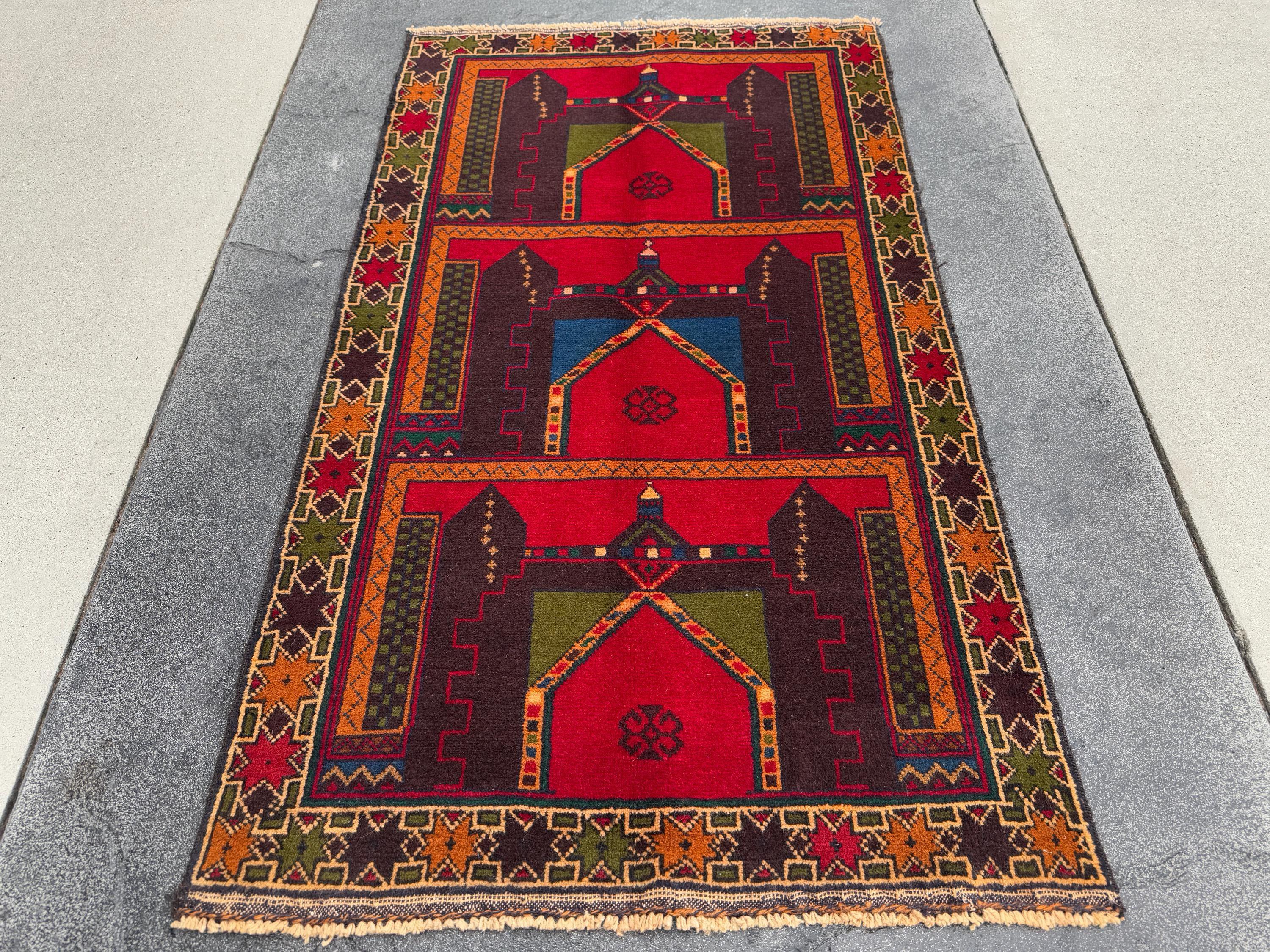 3x5 (91x152) Handmade Vintage Afghan Baluch Rug | Crimson Scarlet Red Rust Orange Moss Olive Forest Green Plum Denim Blue Cream Sand Brown