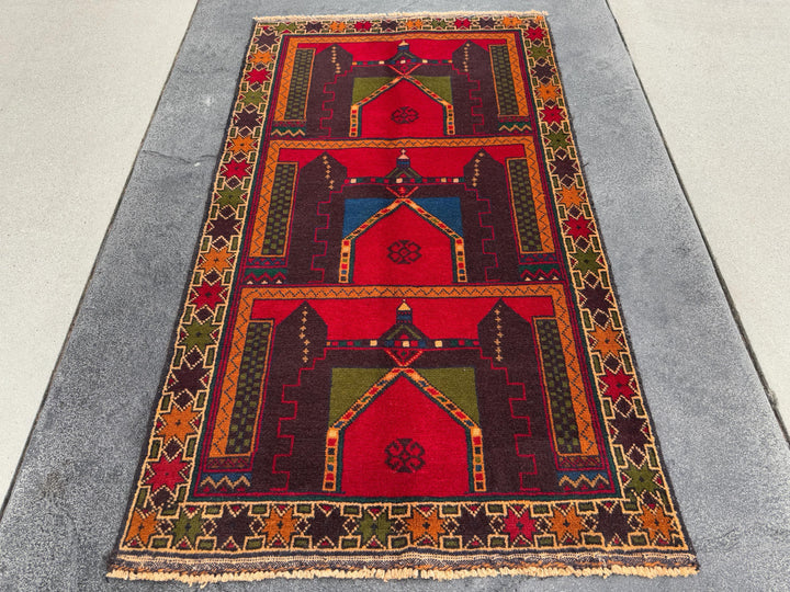 3x5 (91x152) Handmade Vintage Afghan Baluch Rug | Crimson Scarlet Red Rust Orange Moss Olive Forest Green Plum Denim Blue Cream Sand Brown