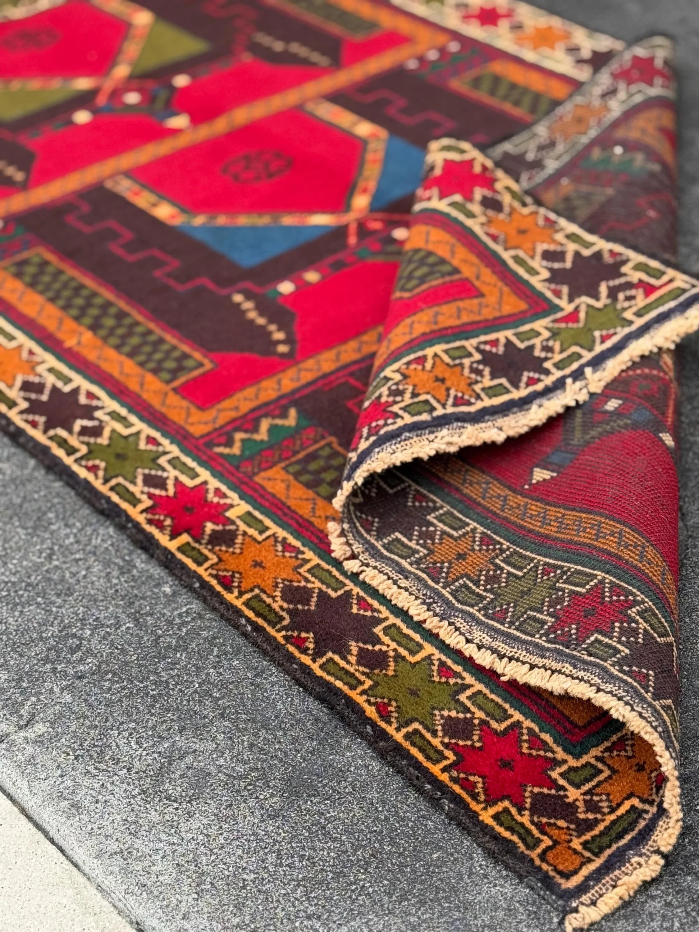 3x5 (91x152) Handmade Vintage Afghan Baluch Rug | Crimson Scarlet Red Rust Orange Moss Olive Forest Green Plum Denim Blue Cream Sand Brown
