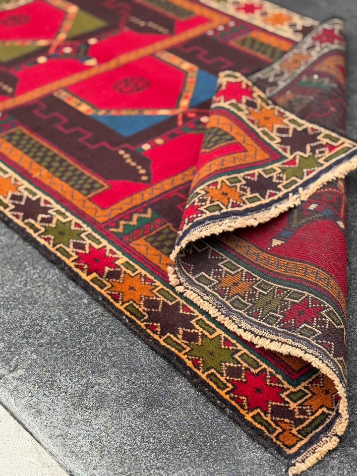 3x5 (91x152) Handmade Vintage Afghan Baluch Rug | Crimson Scarlet Red Rust Orange Moss Olive Forest Green Plum Denim Blue Cream Sand Brown