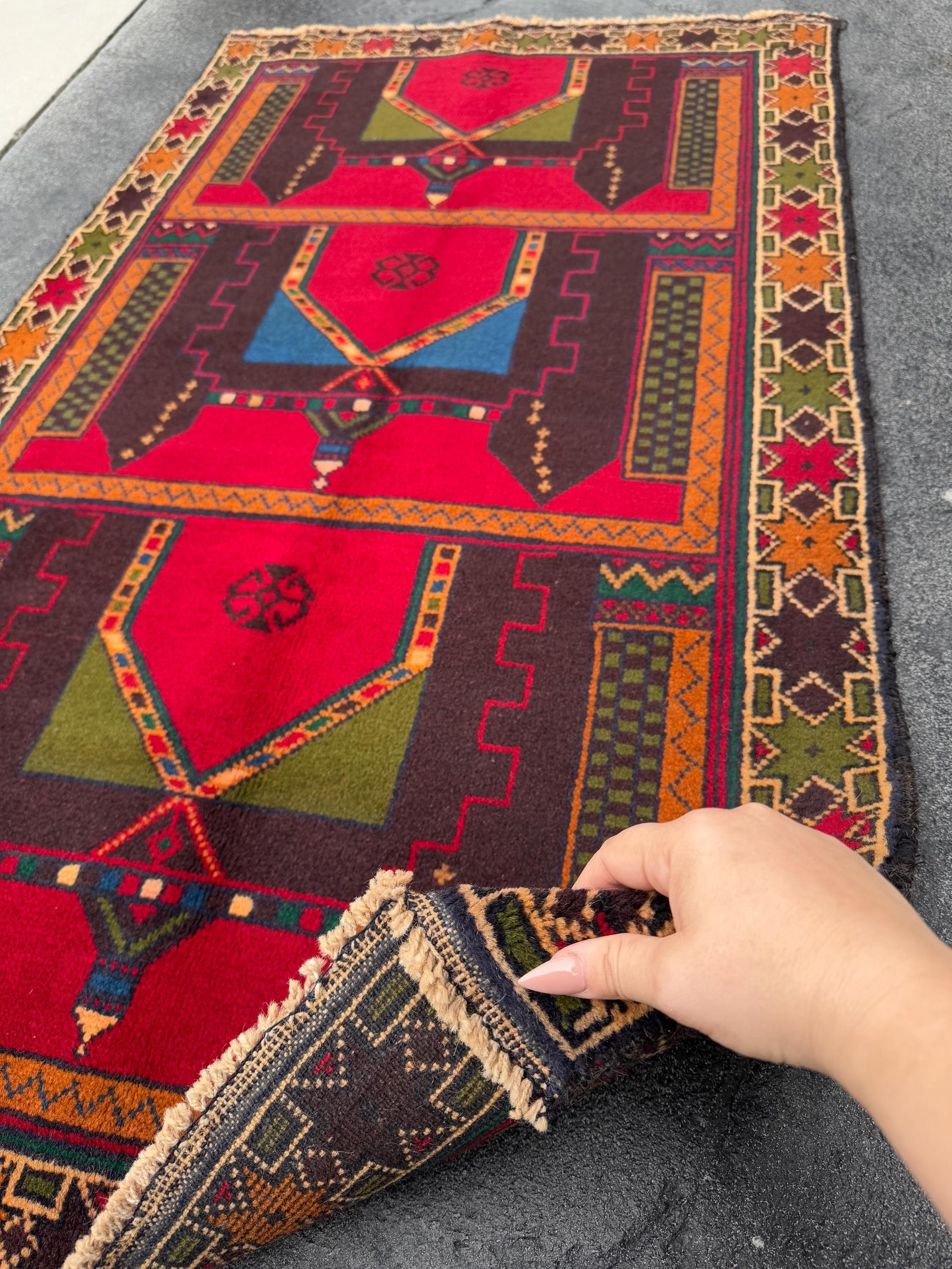 3x5 (91x152) Handmade Vintage Afghan Baluch Rug | Crimson Scarlet Red Rust Orange Moss Olive Forest Green Plum Denim Blue Cream Sand Brown