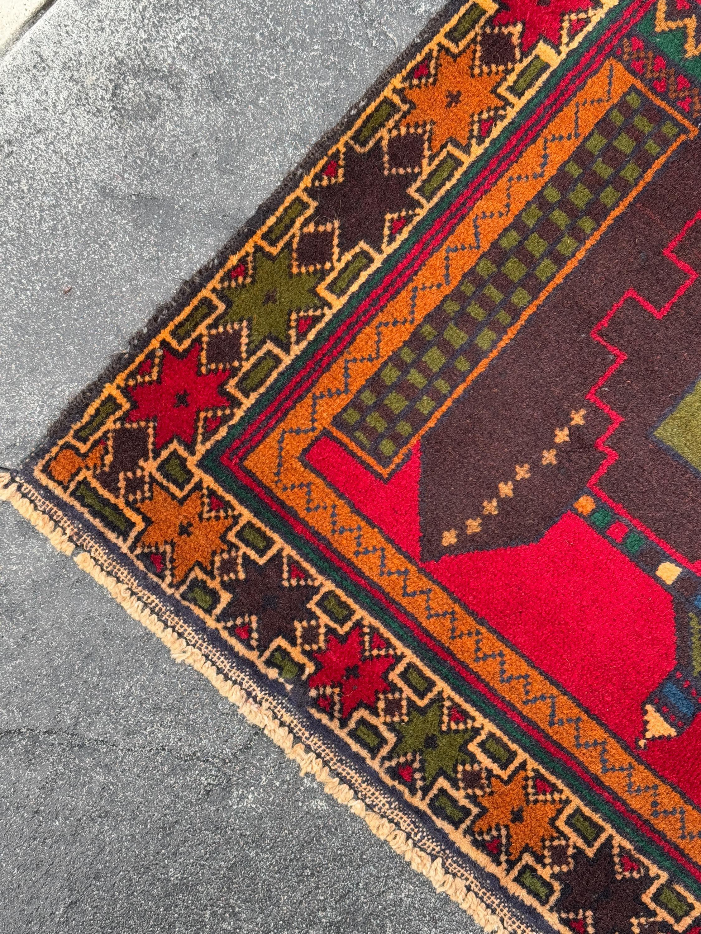 3x5 (91x152) Handmade Vintage Afghan Baluch Rug | Crimson Scarlet Red Rust Orange Moss Olive Forest Green Plum Denim Blue Cream Sand Brown