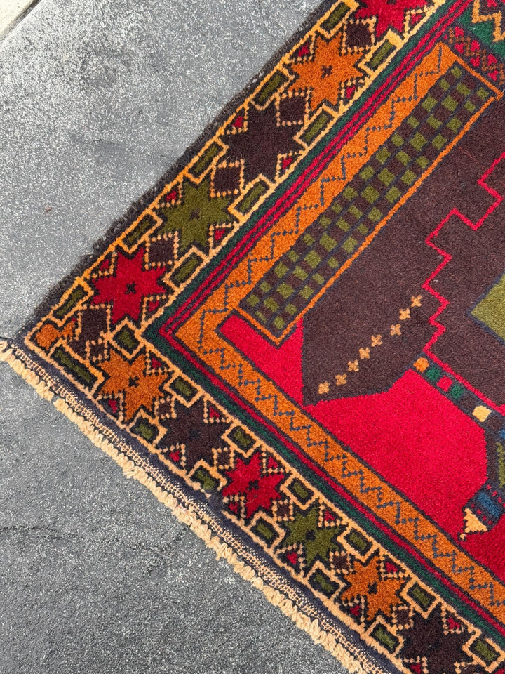 3x5 (91x152) Handmade Vintage Afghan Baluch Rug | Crimson Scarlet Red Rust Orange Moss Olive Forest Green Plum Denim Blue Cream Sand Brown