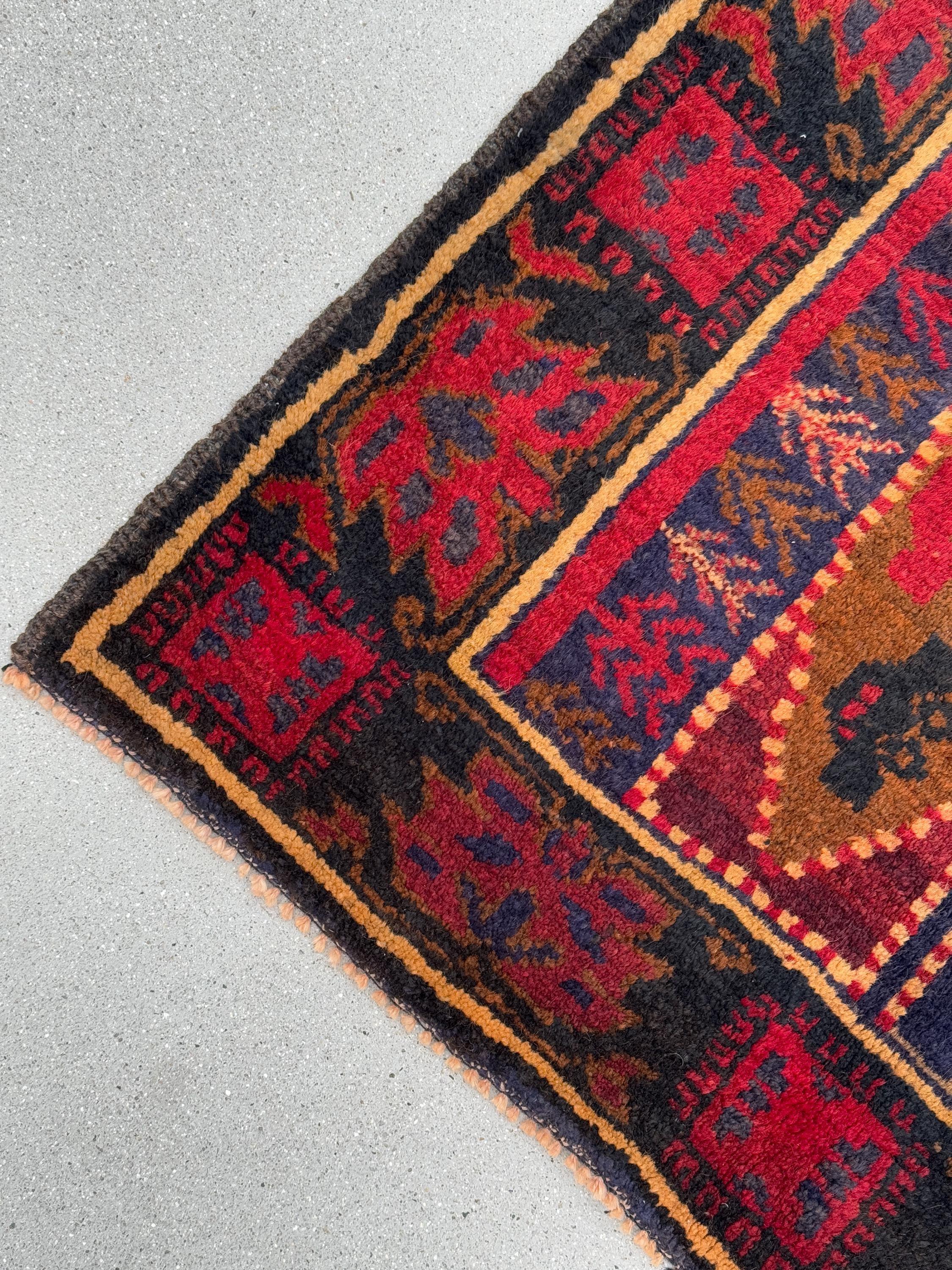 3x5 (91x152) Handmade Vintage Afghan Baluch Rug | Garnet Cherry Crimson Red Navy Midnight Blue Black Caramel Brown Rust Orange Cream | Wool