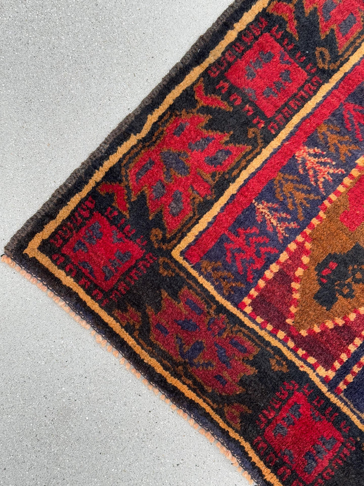 3x5 (91x152) Handmade Vintage Afghan Baluch Rug | Garnet Cherry Crimson Red Navy Midnight Blue Black Caramel Brown Rust Orange Cream | Wool