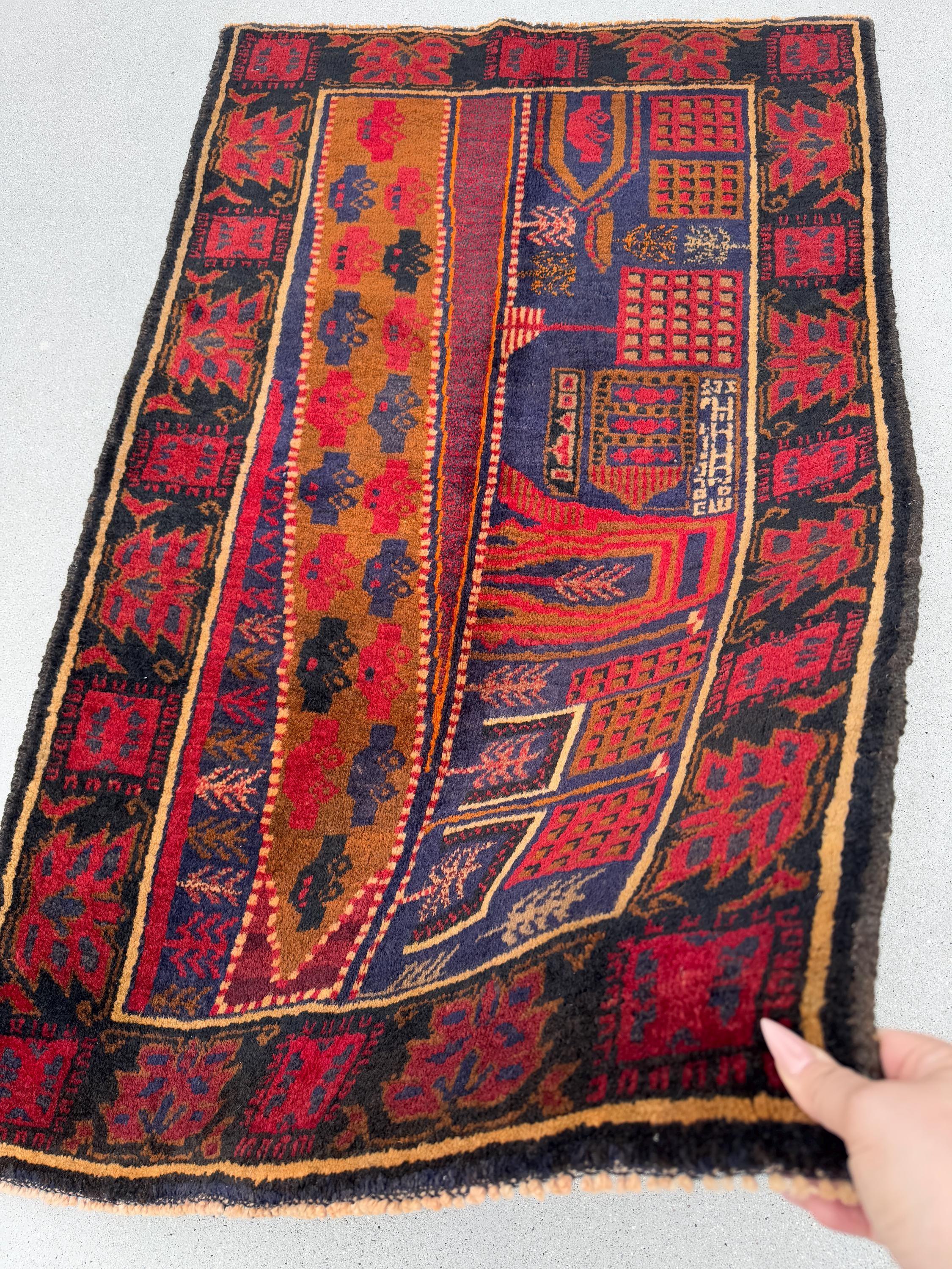 3x5 (91x152) Handmade Vintage Afghan Baluch Rug | Garnet Cherry Crimson Red Navy Midnight Blue Black Caramel Brown Rust Orange Cream | Wool