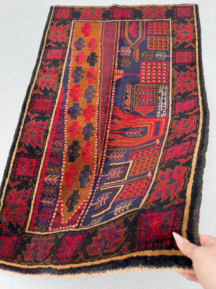 3x5 (91x152) Handmade Vintage Afghan Baluch Rug | Garnet Cherry Crimson Red Navy Midnight Blue Black Caramel Brown Rust Orange Cream | Wool